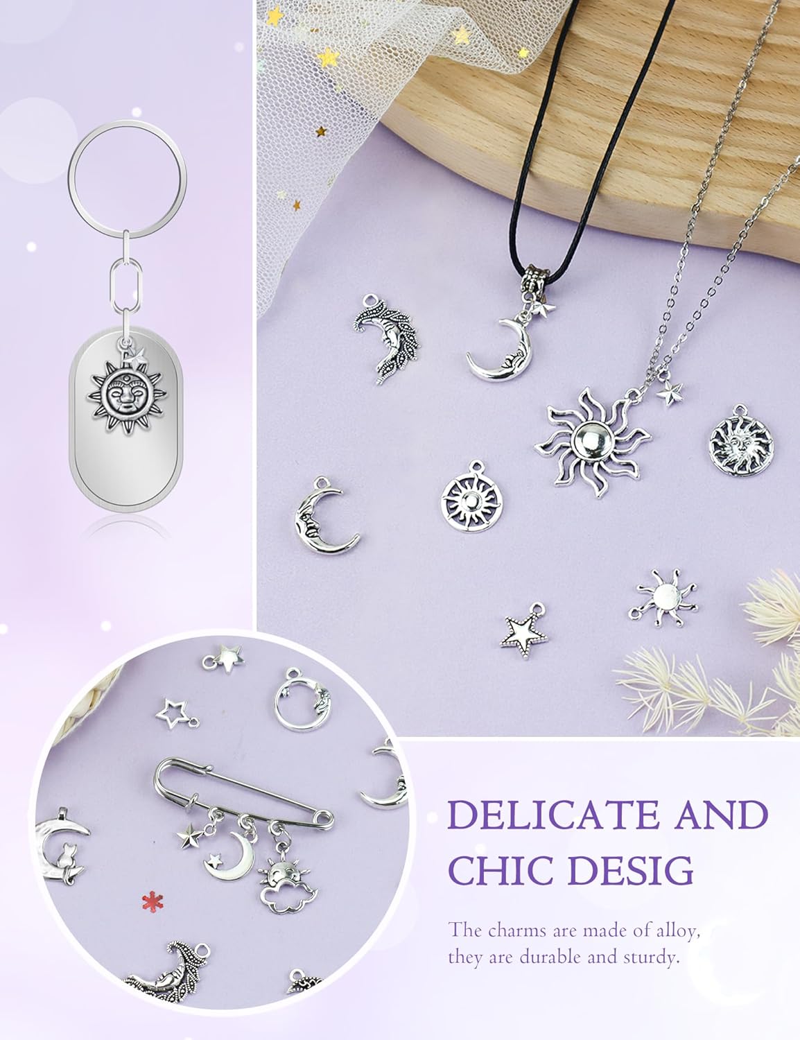 84 Pcs Sun Moon Star Charms Pendants, 21 Styles Antique Silver Alloy Mixed Moon Star Sun Charms for Jewelry Making Necklace Bracelet Earring DIY Craft - Image 4