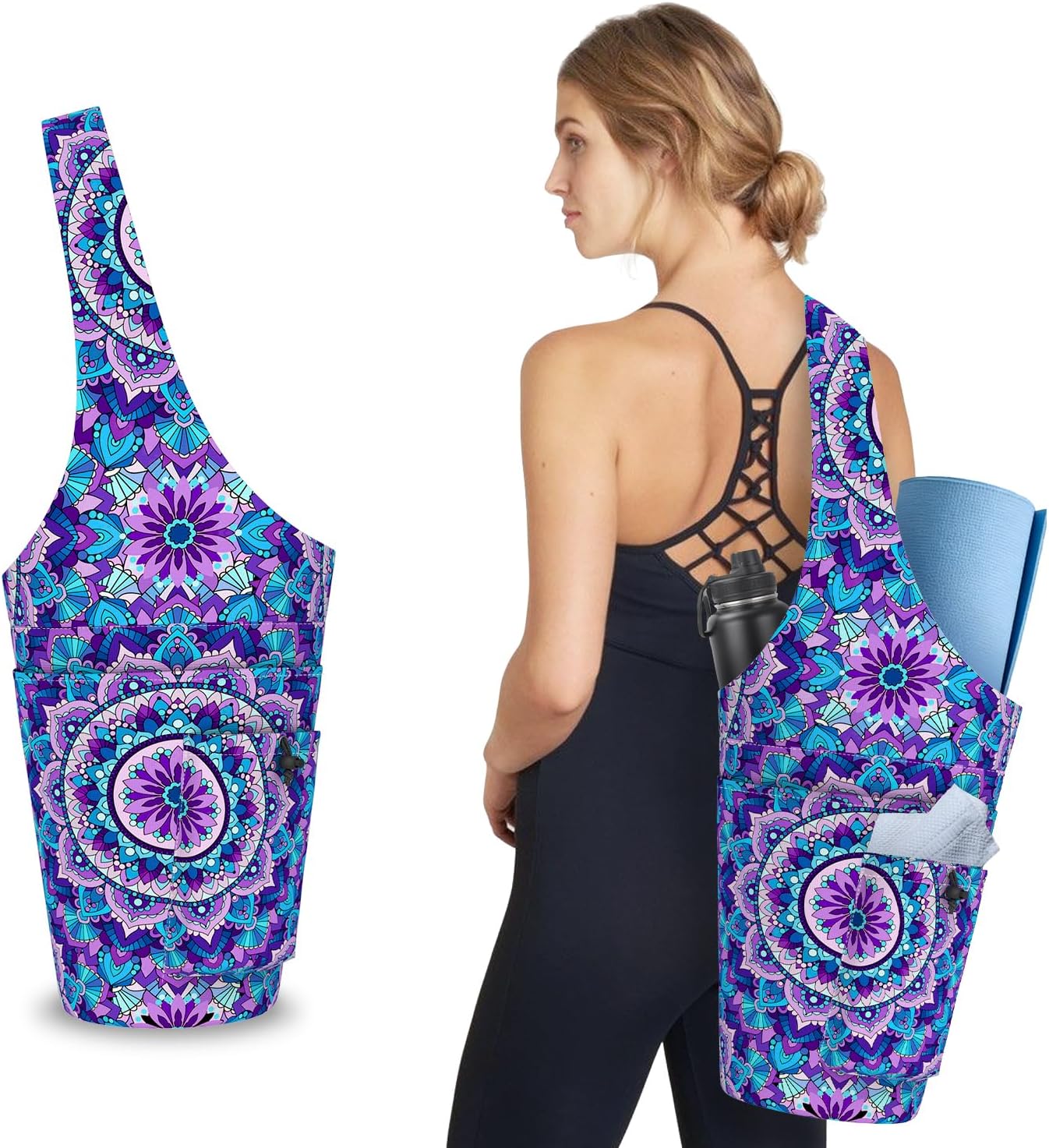 Mandala Yoga Mat Bag with Large Waterproof Zipper Pocket and Drawstring Pocket Long Tote Yoga Mat Carrier Holder Bags Fit Most Size Mats