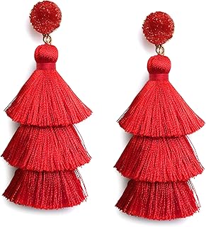 Colorful Layered Tassel Earrings Bohemian Tiered Tassel Druzy Stud Dangle Drop Earrings for Women Teen Girls Christmas Mother's Day Gift