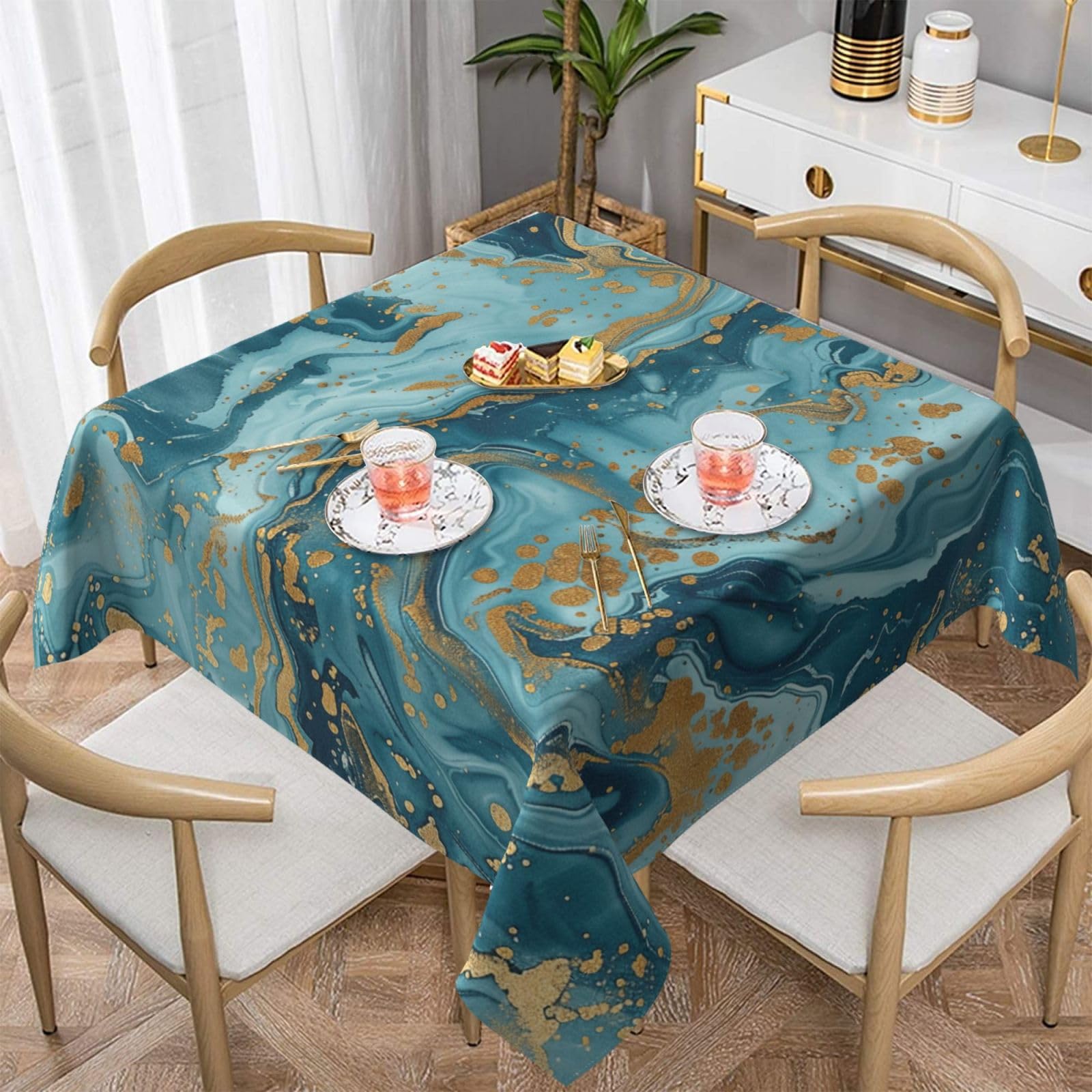 WPKJU Azurite Teal and Foil Gold Oil Marble Pattern Printed Square Tablecloth 54x54 inch Water Resistant Table Cover Washable Rectangle Table Cloth for Dining Tables