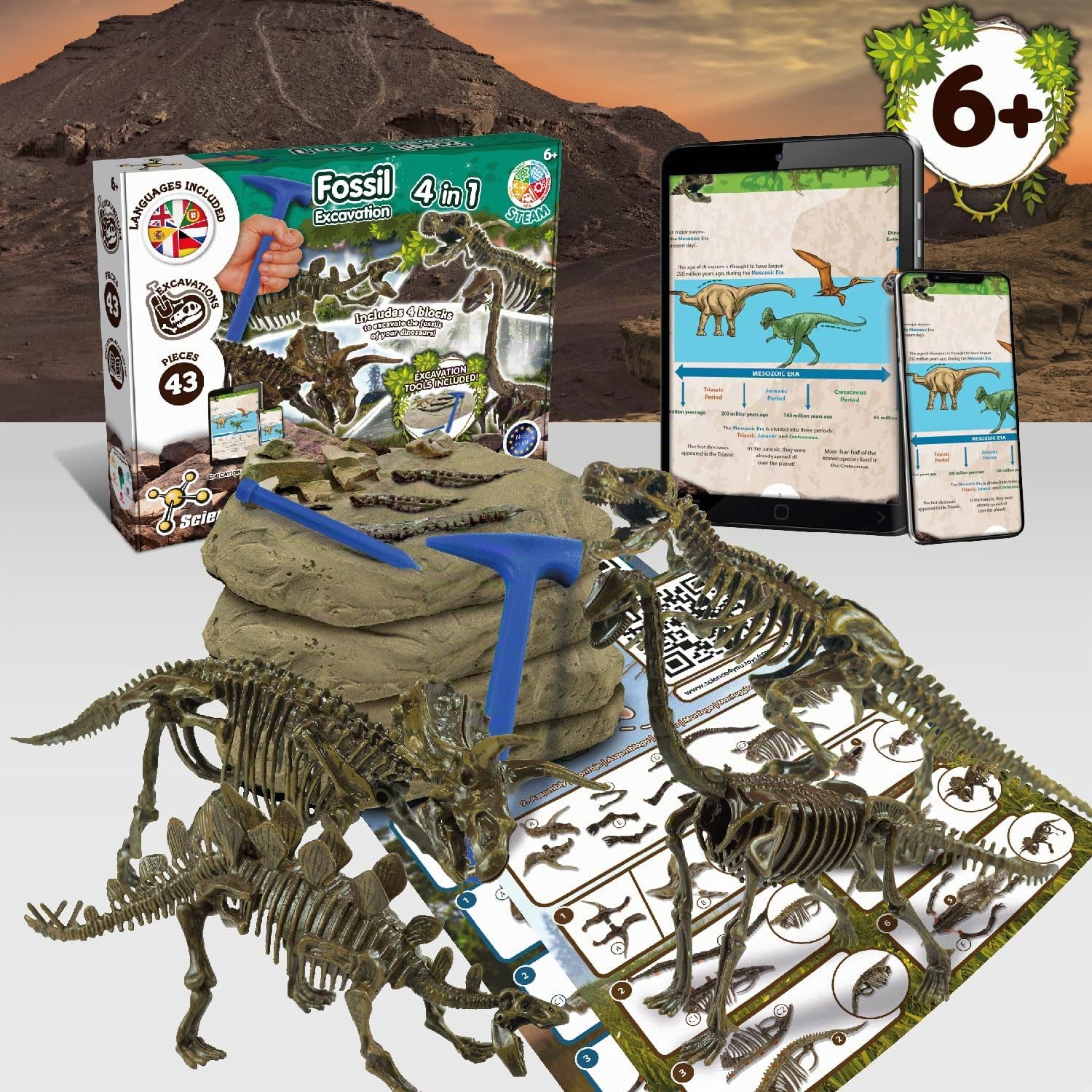 Science4you Kit de Fouille de Fossiles 4 en 1 pour Enfants 5-10 Ans - Excaver et Assembler 4 Dinosaures T-Rex Triceratops Velociraptor Stegosaurus