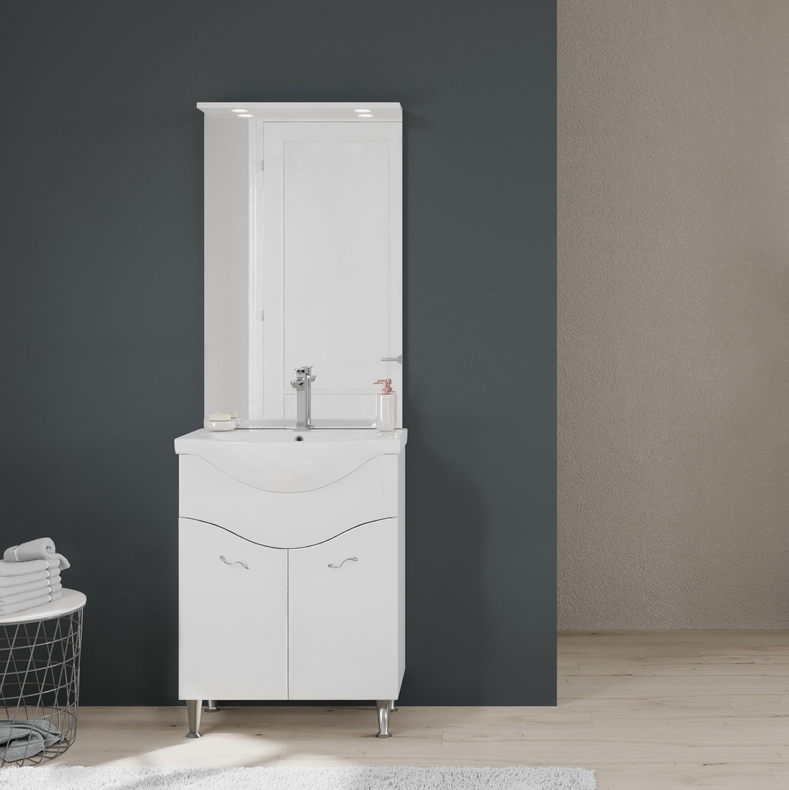 Kiamami Valentina - Mobile bagno a terra 65cm 2 ante, specchio con led bianco lucido | Easy