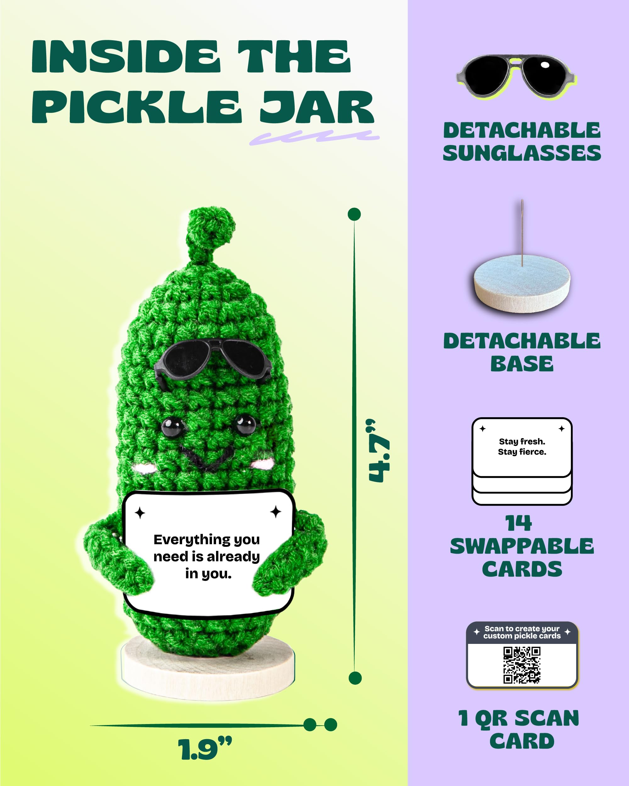 Emotional Support Pickle. Premium Handmade Crochet Plush. 15 Motivational Swappable Cards and Customizable QR Messages. Funny Gift. Perfec for Friends, Coworkers, Motivational Gift.