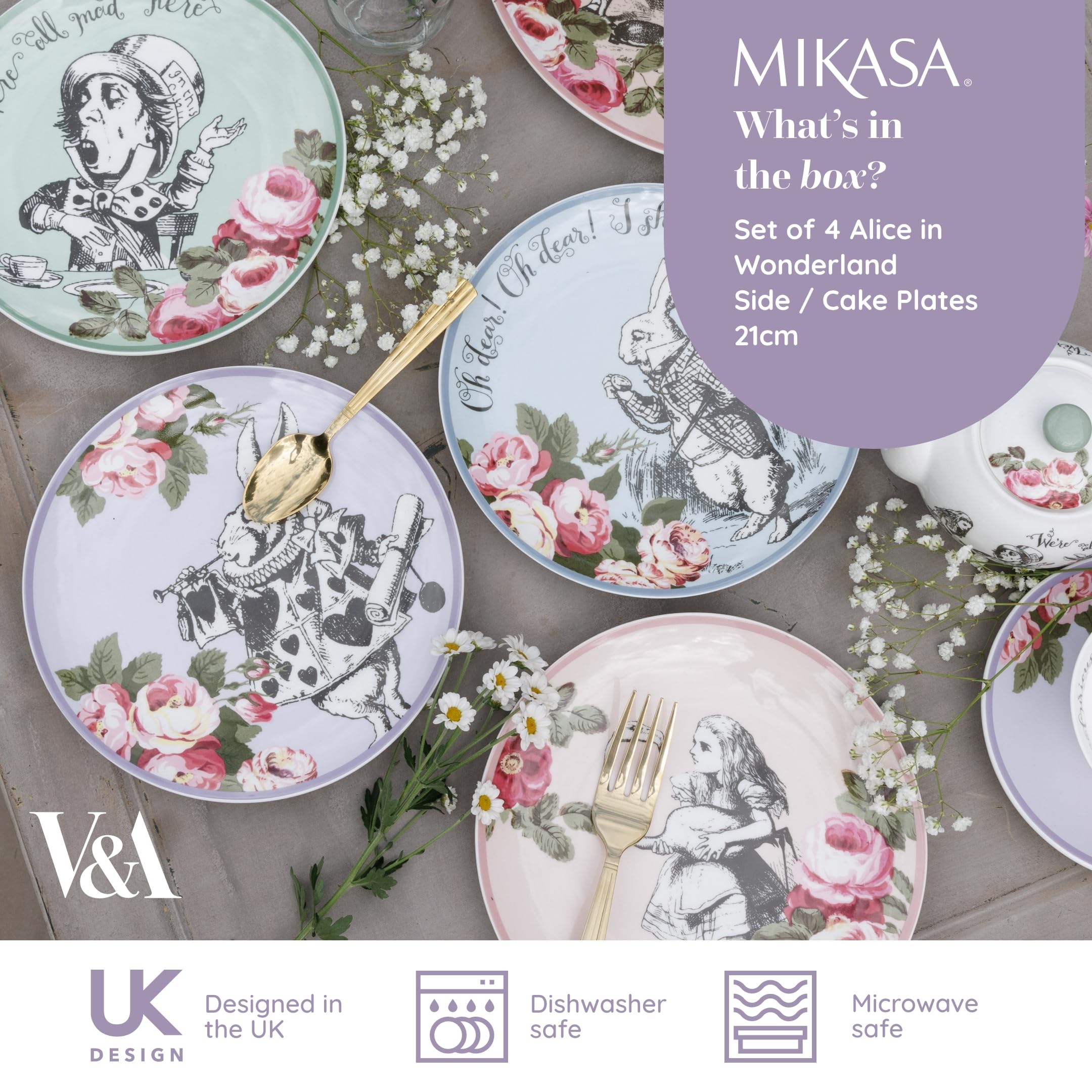 MIKASA and The V&A - Juego de 4 platos para tartas para té de la tarde, 21 cm, porcelana china, té de Alicia en el país de las maravillas, apto para lavavajillas y en caja de regalo