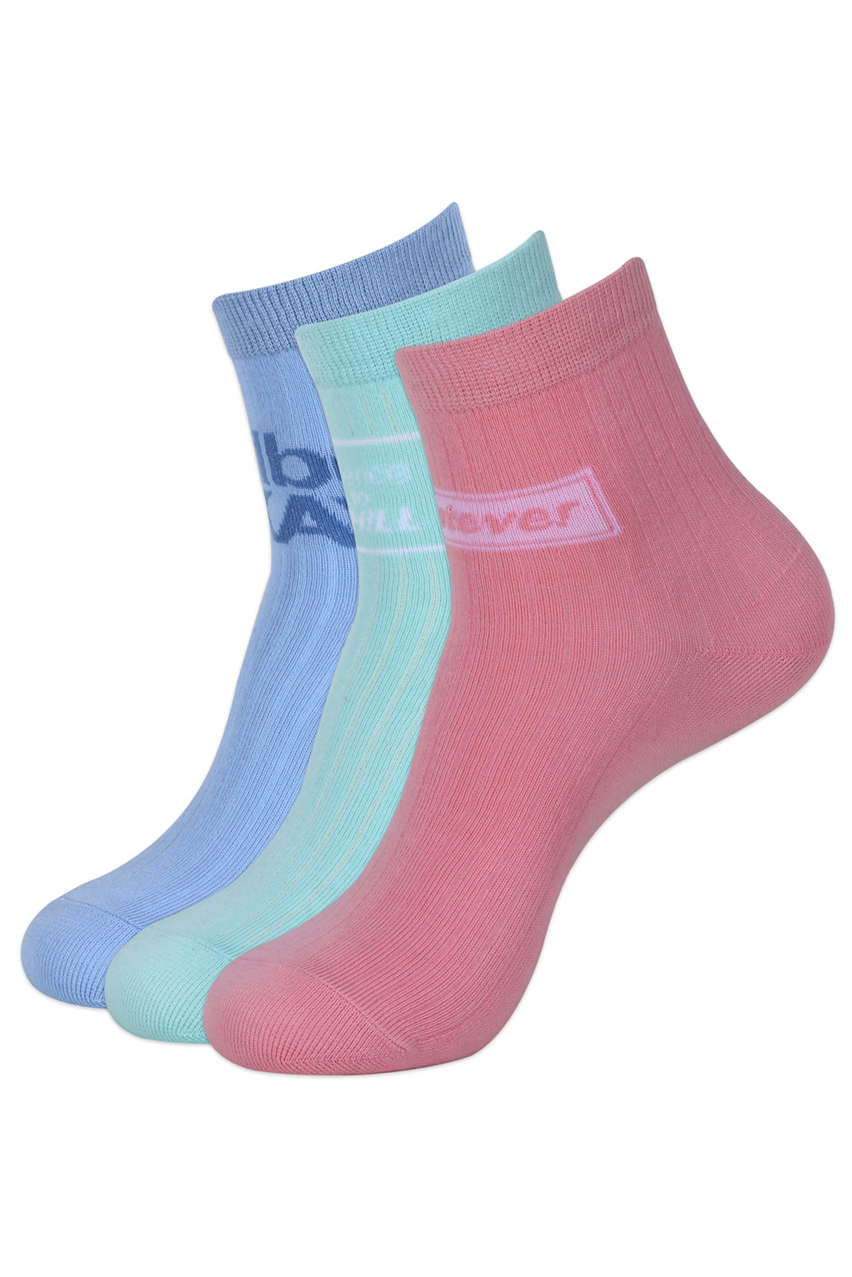 BALENZIAWomen Assorted Crew/Calf-Length Socks (Free Size) Made with 100% Combed Cotton and Spandex (Multicolour)- Pack of 3 Socks - Green,Blue,Pink