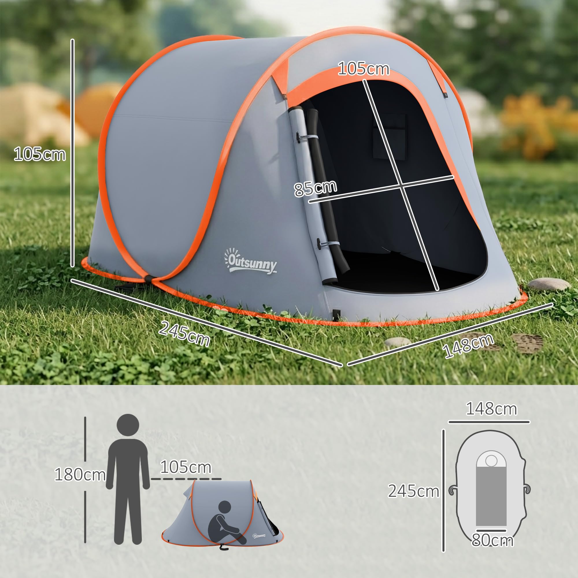 Outsunny Tienda de Campaña Pop-Up para 2-3 Personas Tienda de Camping Plegable Portátil Impermeable con Ventana Puerta y Bolsa de Transporte para Pescar Senderismo 245x148x105 cm Gris
