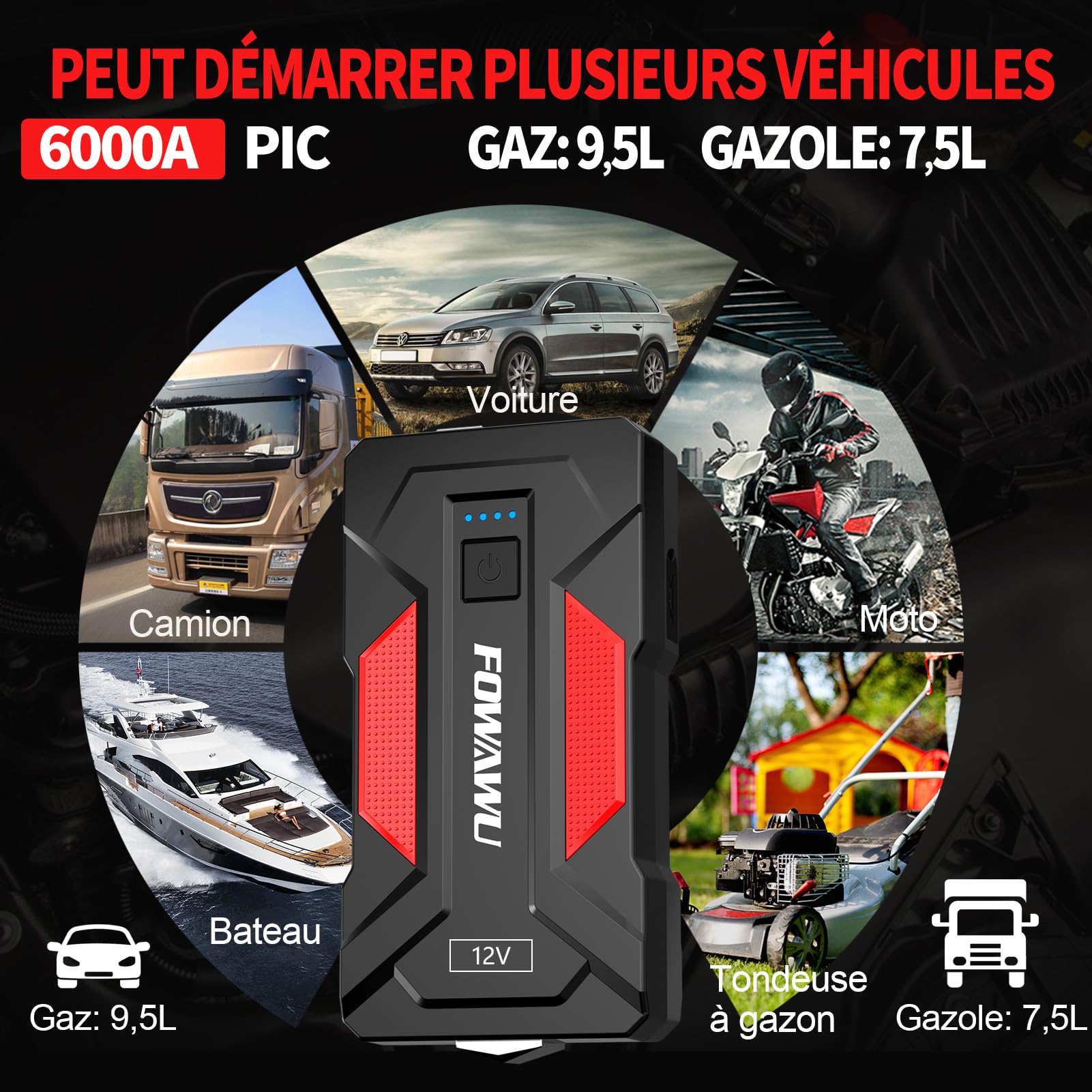 FOWAWU 6000A Booster Batterie Voiture,Démarre Moteurs 9,5L Ess/7,5L Diesel