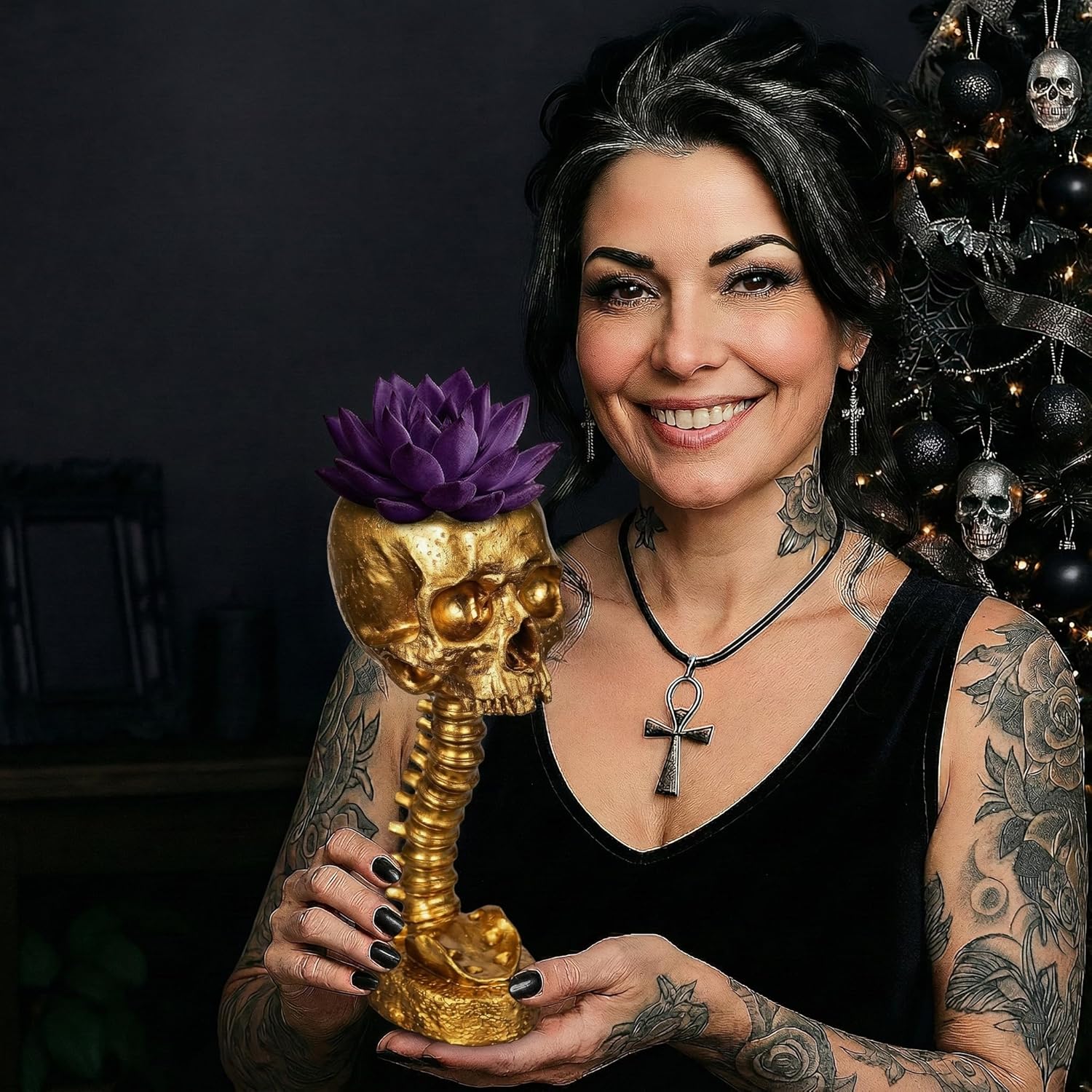 Skull Planter Spine Gothic Vase - Spinal Skull Candy Bowl, Horror 11.6" Halloween Flower Vase Goth Decor, Spooky Home Decor Skeleton Planter Pot, Candle Holder, Spooky Gifts For Women, Men, Girlfriend