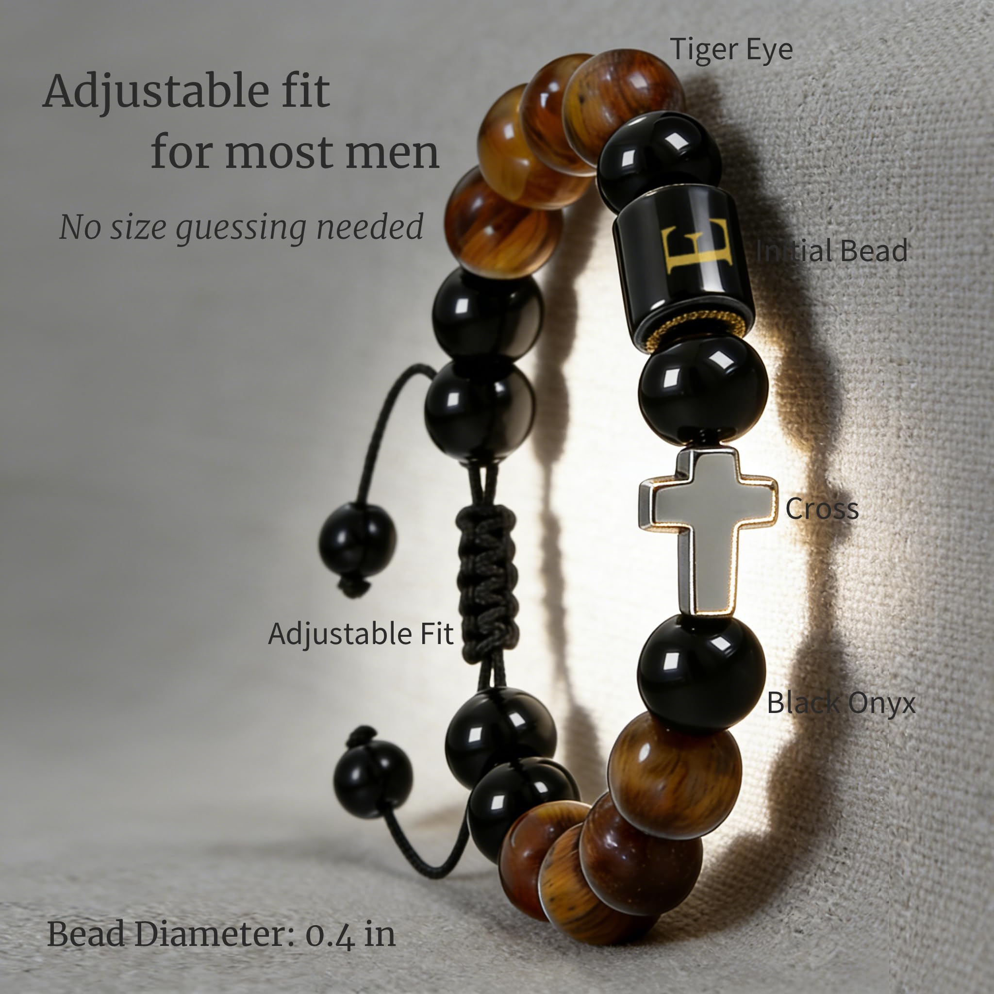 Initial Mens Bracelet with Cross - Religious Faith Beaded Bracelt Gift for Him Man Male Friend, Adjustable Tiger Eye Black Onyx Beads Braclet for Birthday Confirmation Sponsor Anniversary