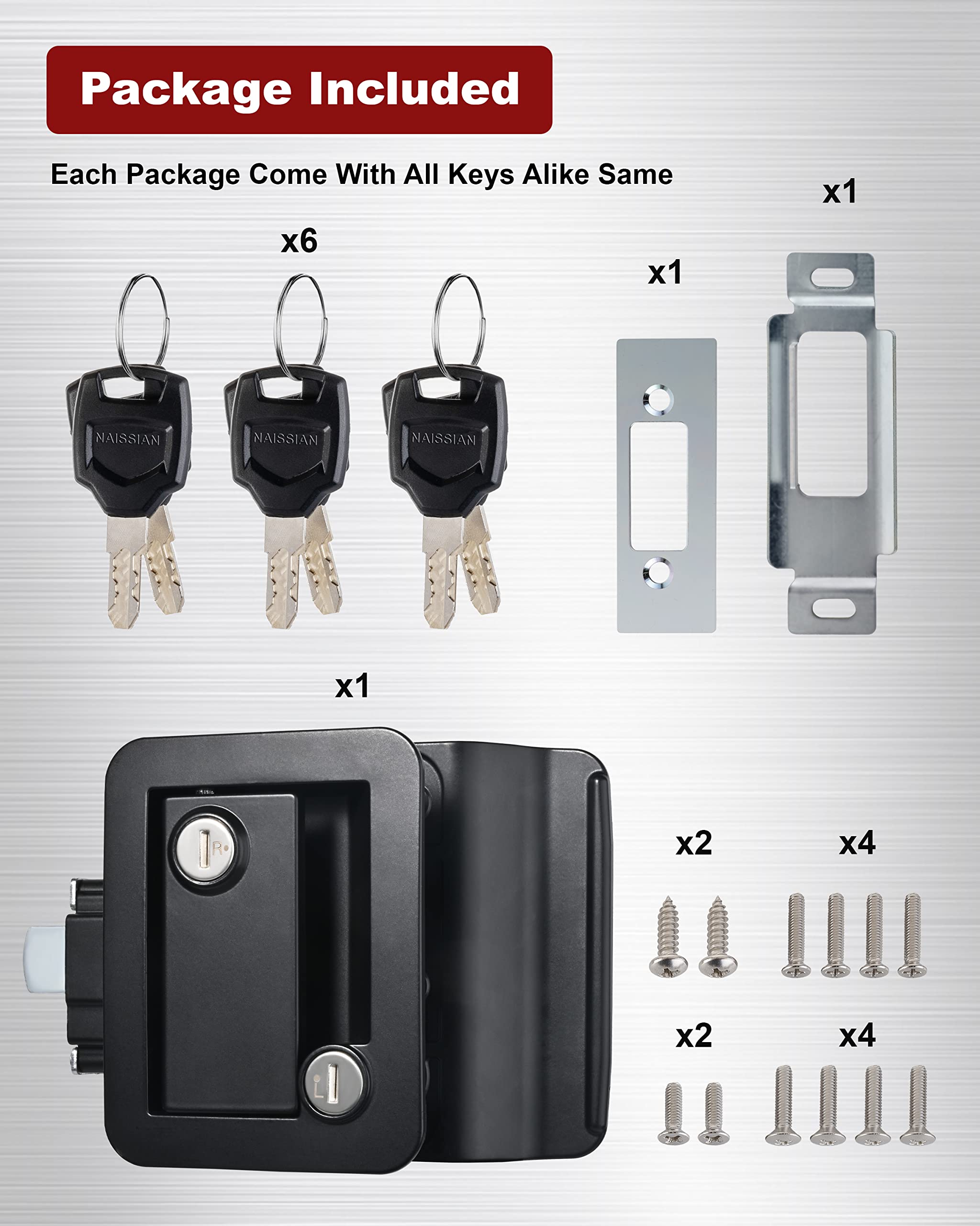 Cerradura de puerta de caravana con asa para remolque de viaje, 5ª rueda, compartimento de caravana, pestillo de puerta lateral, negro, paquete de 1 cerradura + 6 llaves iguales