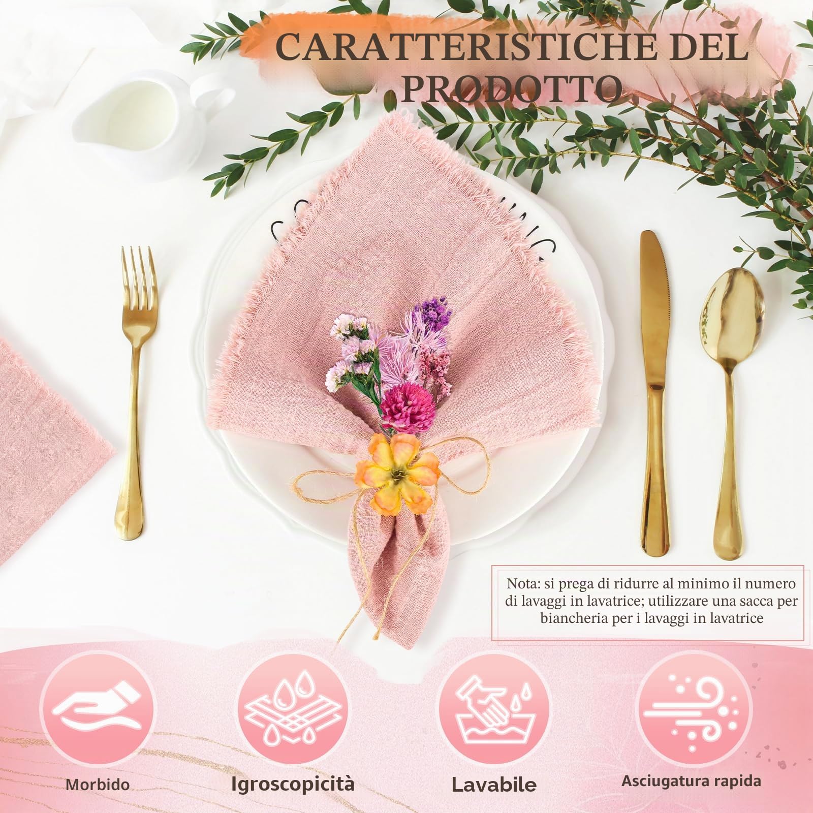 12 Tovaglioli da tavola in tessuto, 42 x 42 cm, tovagliolo da matrimonio con frangetta, tovagliolo personalizzato rustico con 10 m spago per matrimoni, compleanni e decorazioni da tavola (rosa)