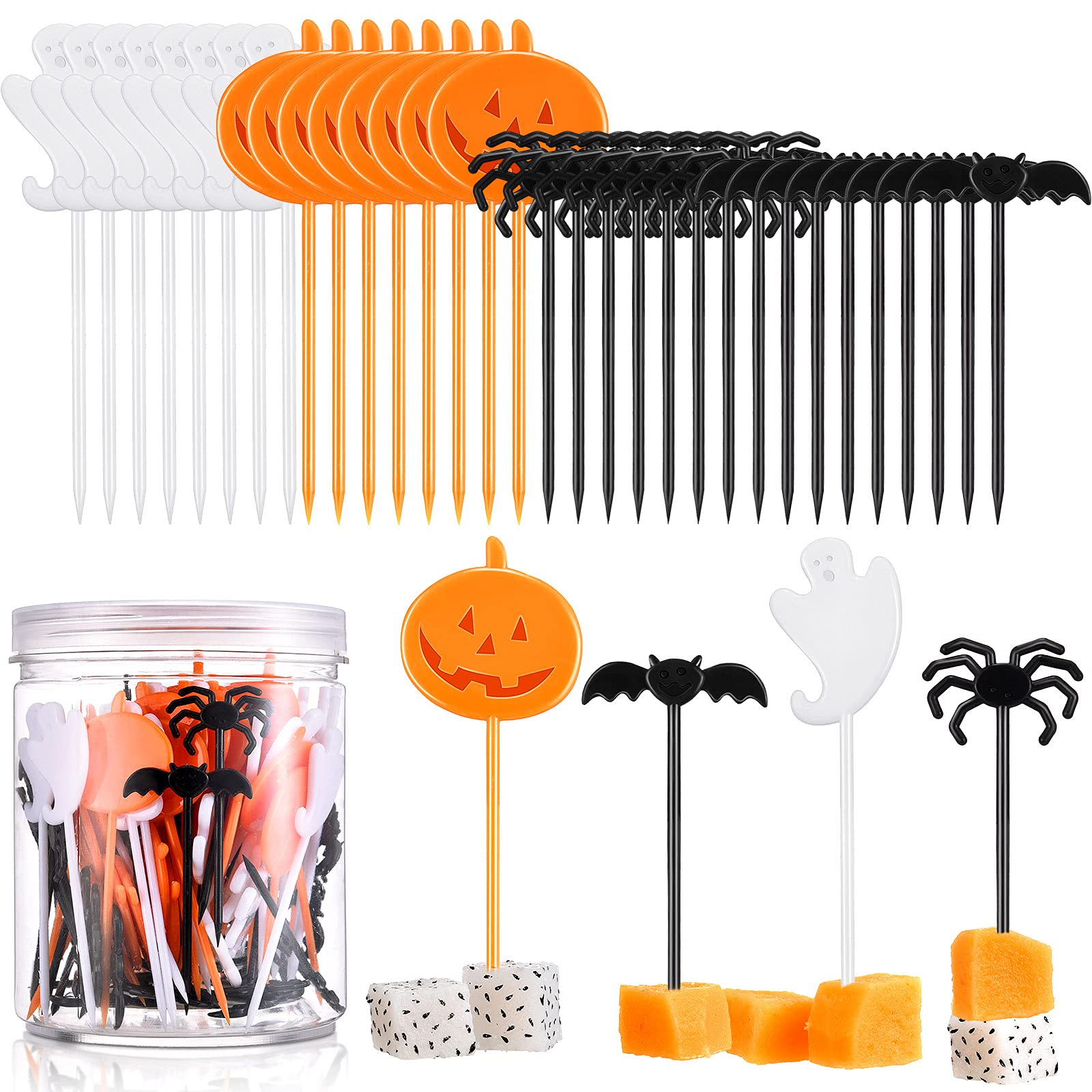 Patelai 120 Pieces Plastic Halloween Food Picks Pumpkin Ghost Cupcake Toppers Halloween Appetizer Picks Halloween Toothpicks for Appetizer Halloween Birthday Parties Fruit Food Picks