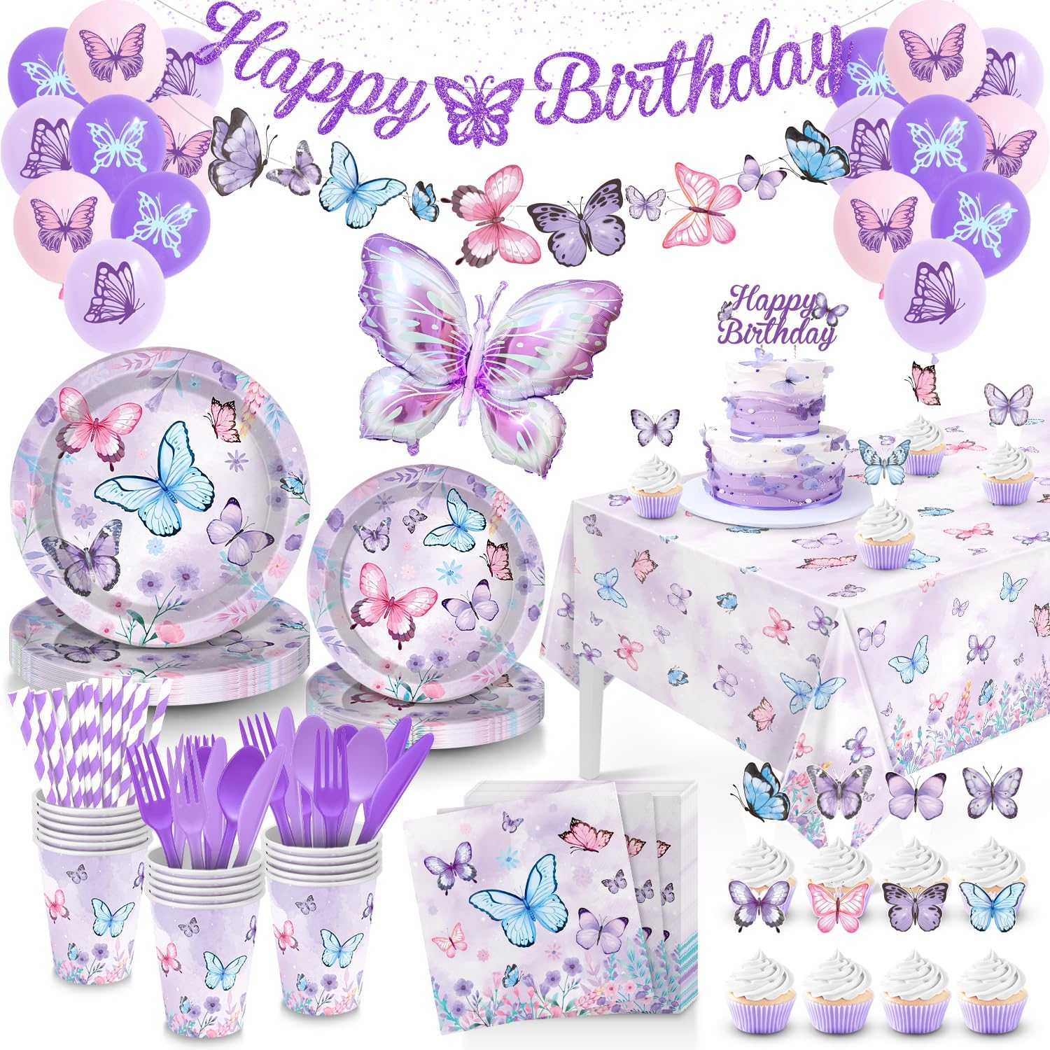Butterfly Birthday Decorations, Butterfly Decorations Purple Birthday Decorations Tableware, 163 Pcs Butterflies Decorations for Girls, Serves 16