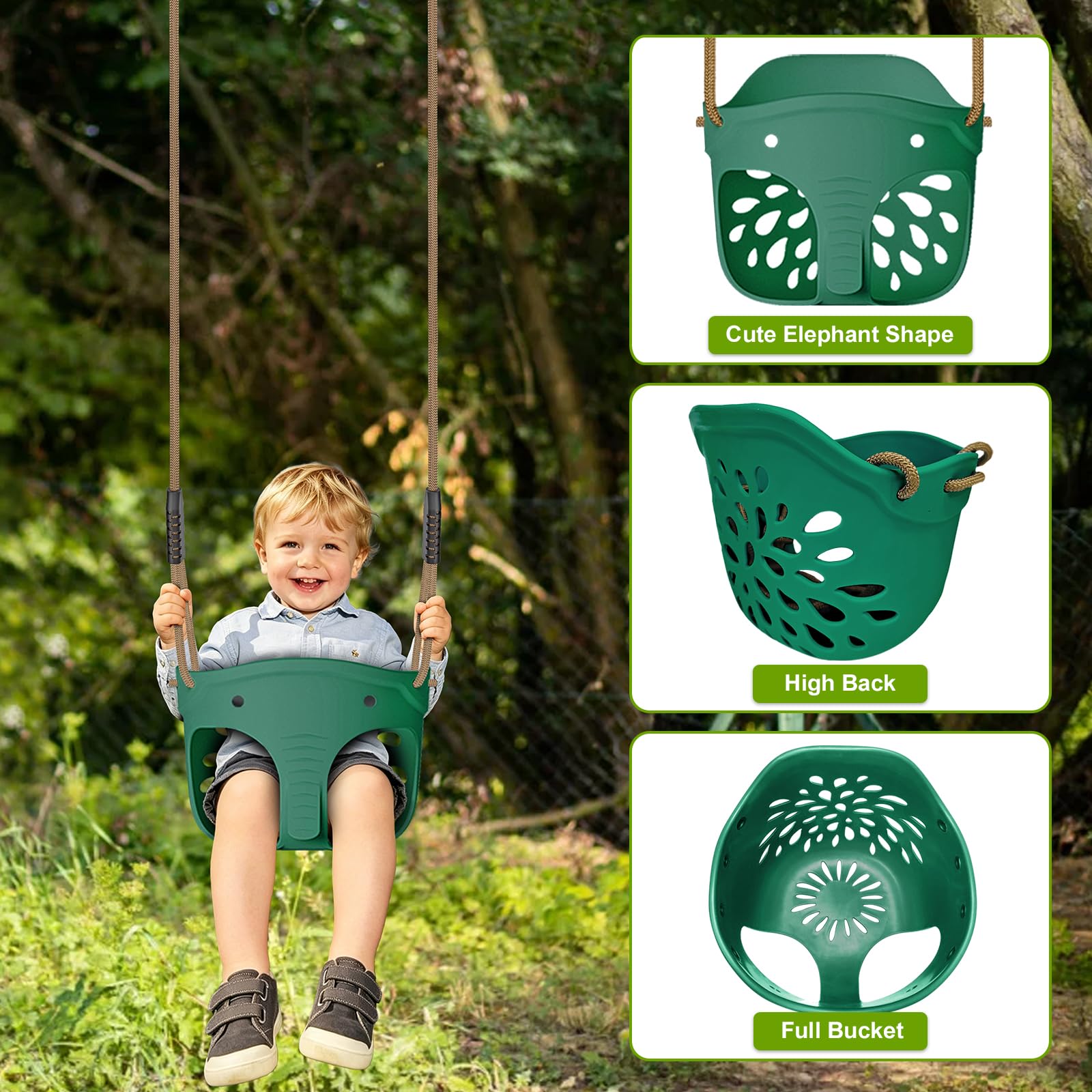 BeneLabel 2 asientos de columpio, cubo de plástico suave para niños, columpios para interiores y exteriores, árbol para niños, tabla de columpio dura con respaldo alto ajustable de 130 a 200 cm