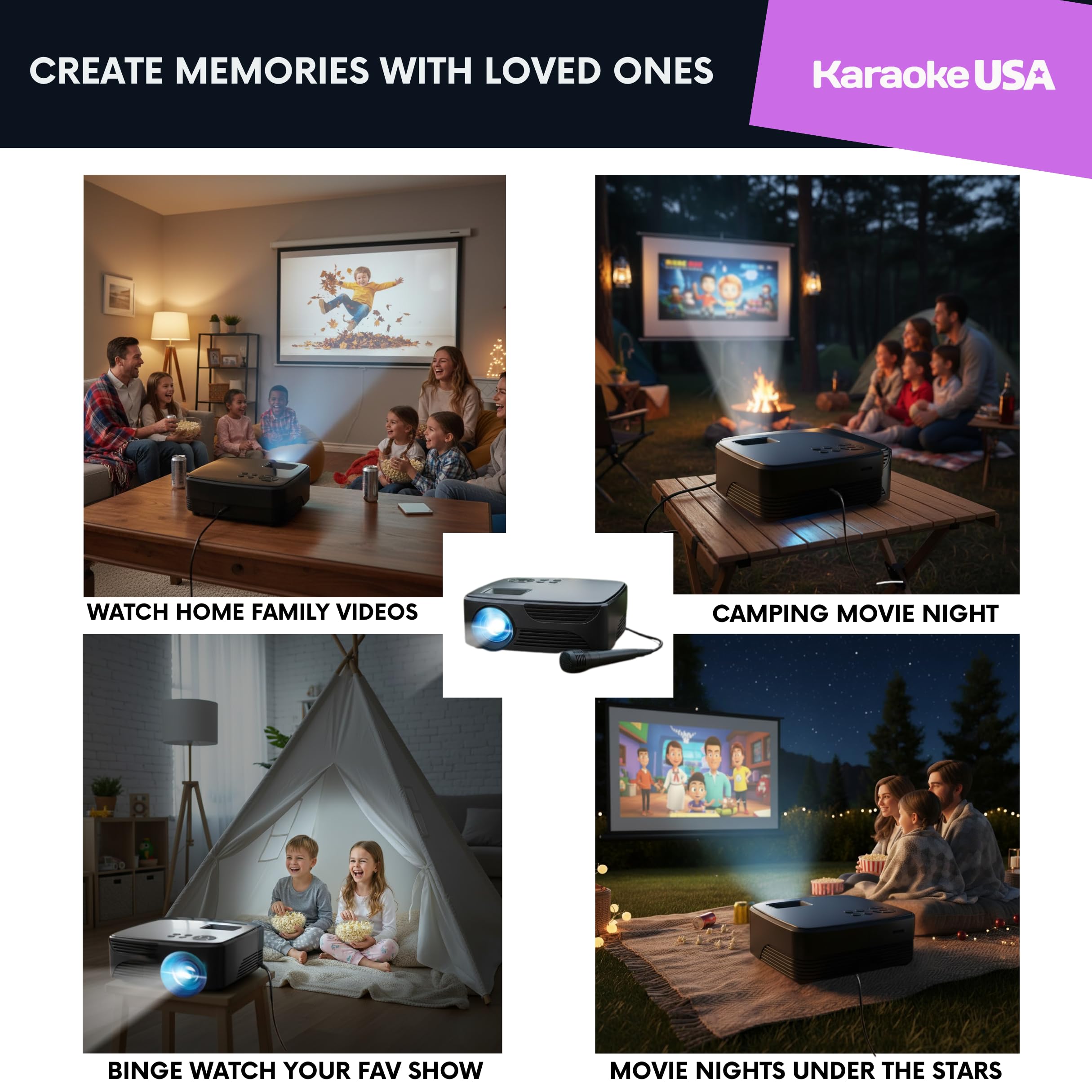 Mini proiettore Bluetooth con schermo, microfono per karaoke e telecomando, proiettore portatile per camera da letto, serate cinematografiche all'aperto e campeggio, altoparlante integrato, HDMI