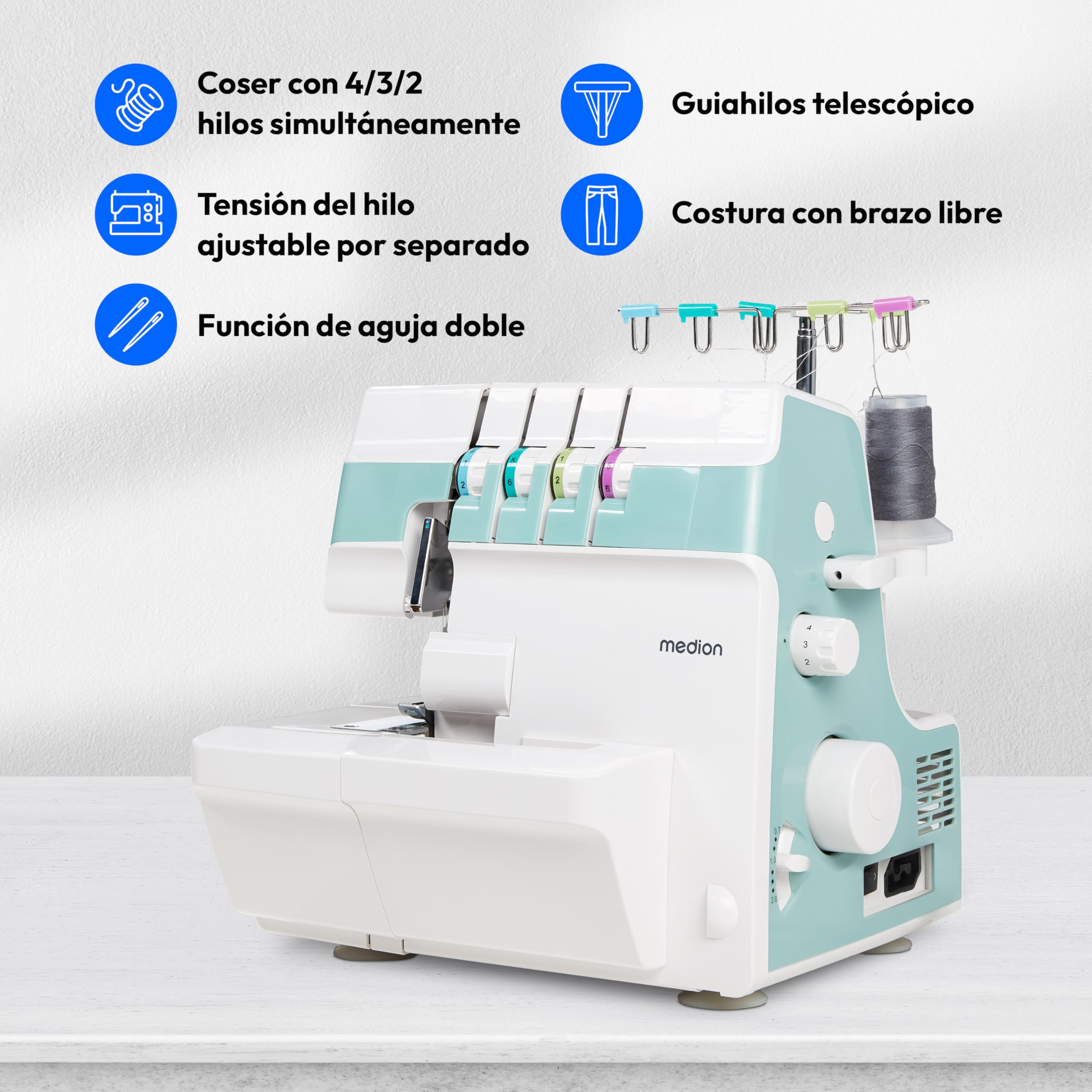 MEDION Máquina de coser overlock SO90 (eléctrica, 90 vatios, luz LED, corte en una pasada, numerosos accesorios, MD19169) turquesa