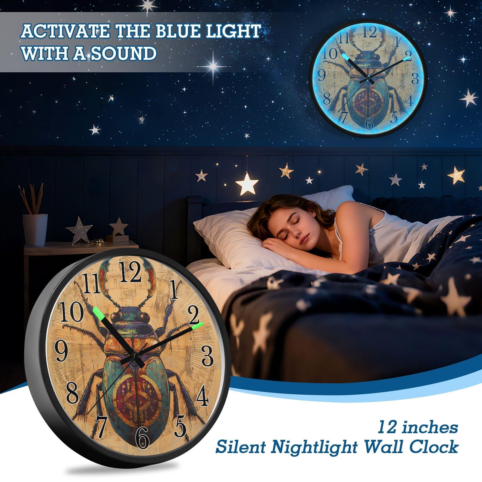 Mnsruu Reloj de pared con diseño de insectos, luminoso, funciona con pilas, silencioso, brilla en la oscuridad, para sala de estar, cocina, 12 pulgadas