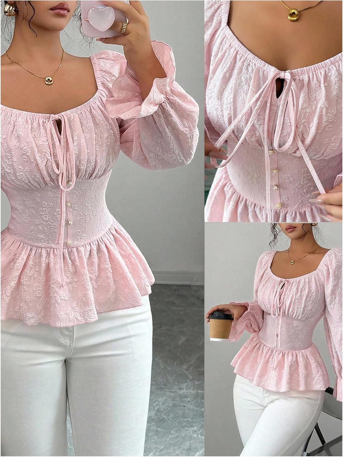 GORGLITTER Women's Floral Ruched Bust Peplum Top Ruffle Long Sleeve Tie Front Square Neck Cute Babydoll Blouse 2026 - Image 5