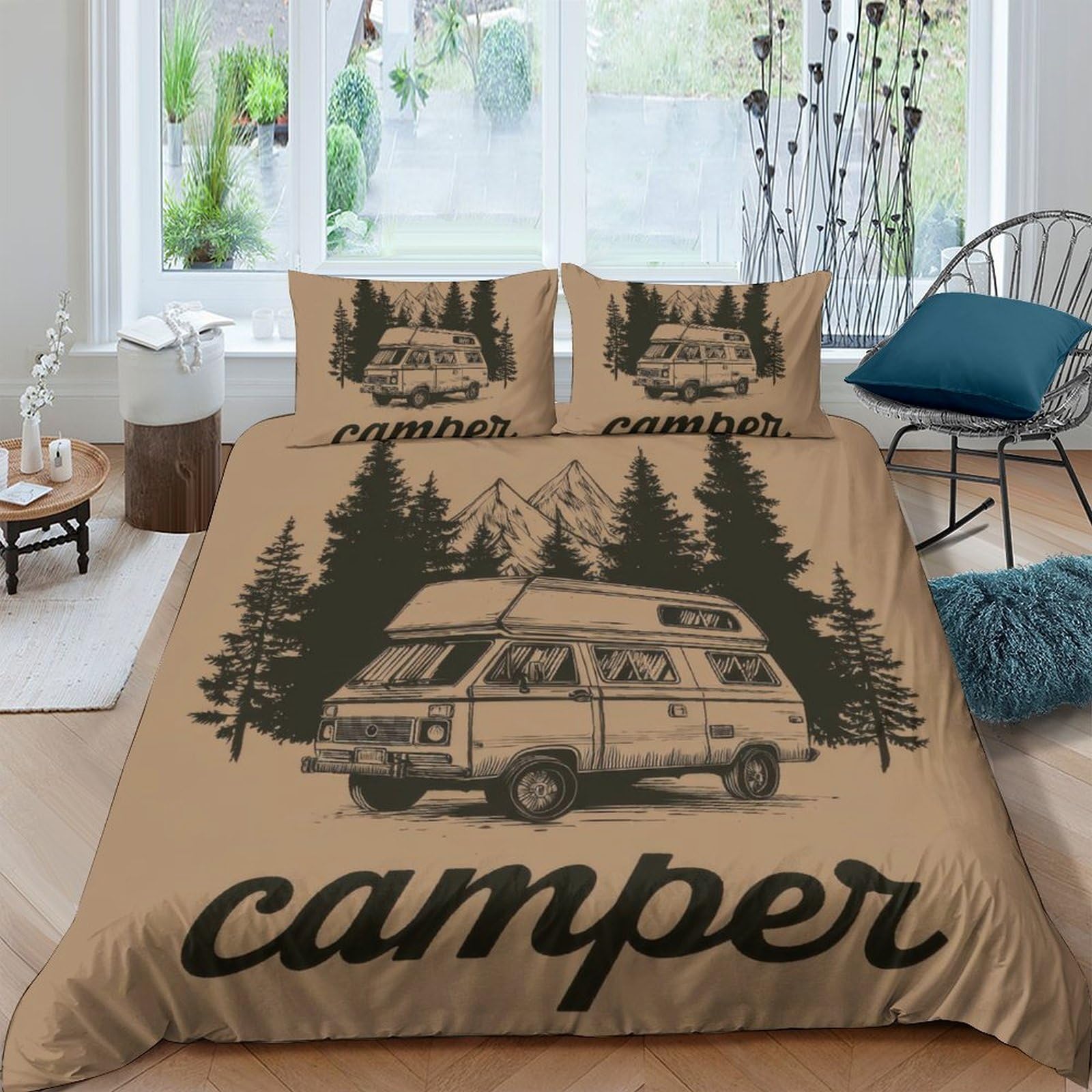 Ctjqhvkz Style-7 3D Printed Camper Van Fitted Sheet Microfiber Forest Pine Bed Cover For Bedroom Dorm Anti-Slip Machine Washable Decor Single（135X200cm）