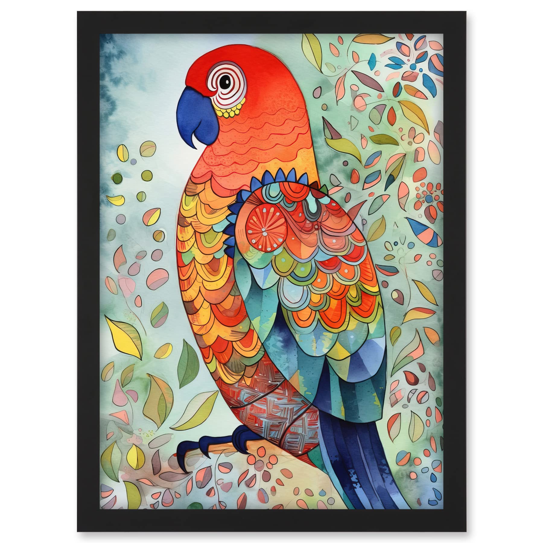 Artery8 Parrot Bird Portrait Folk Art Watercolour Painting Artwork Framed A3 Wall Art Print