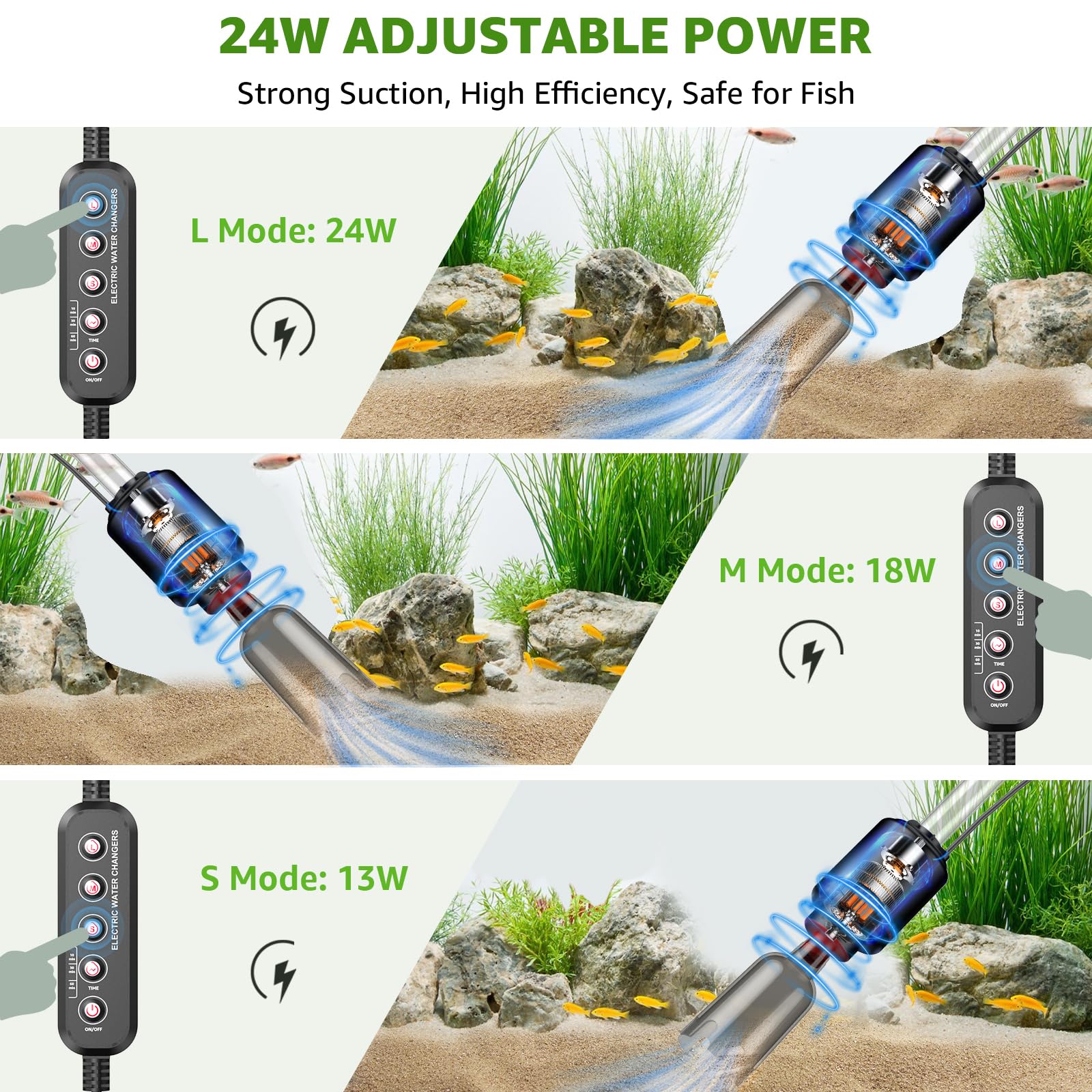 24W Acquario Aspirapolvere Ghiaia Pulitore: 8 in 1 Elettrico Fish Tank