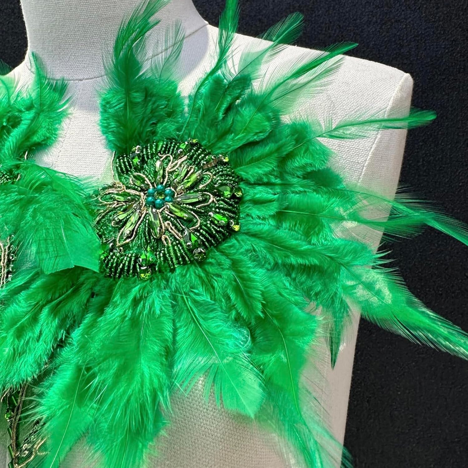 1 Pair Feather Rhinestone Applique, Beaded Applique, Green Rhinestone Applique for Dress, Wedding, Costume Decoration Accessory Patch. (Feather Applique - Green)