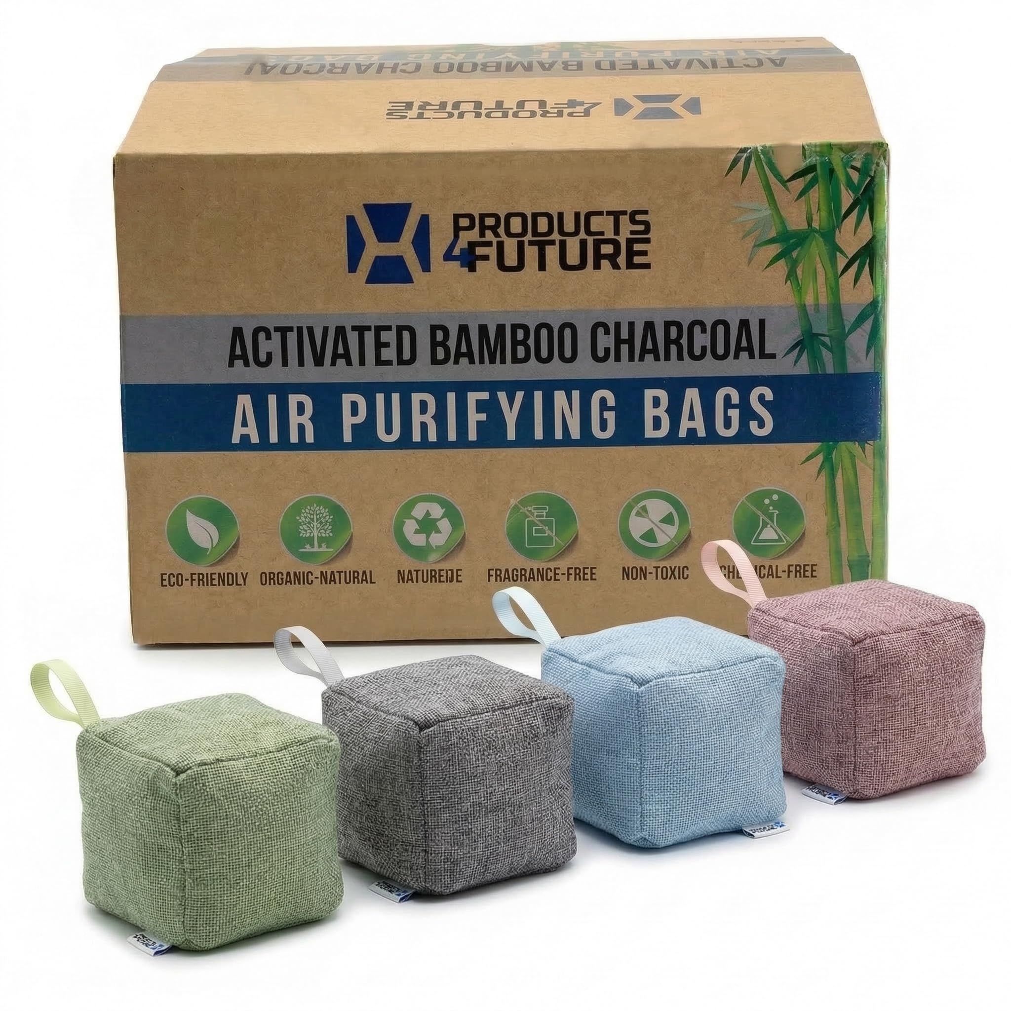 4 pack Naturally Activated Bamboo Charcoal Air Purifying Bags | Natural Home Deodorizer Bag | Charcoal Bag Odor Absorber For Pets | Odor Eliminator &amp; Moisture Absorber Air Freshener Bag (100g Cube)