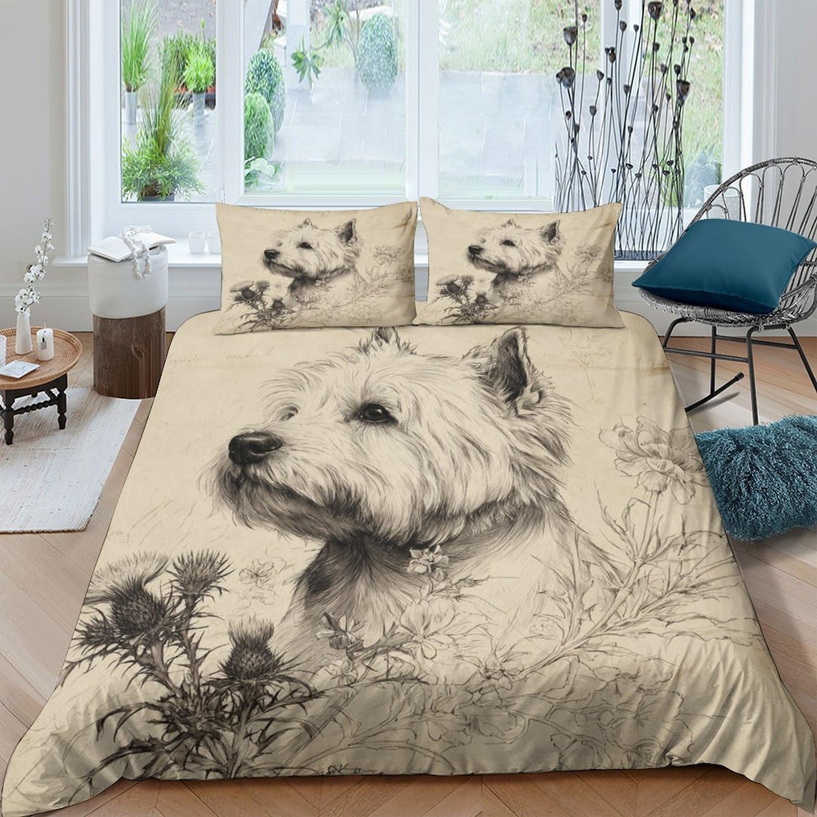 Ctjqhvkz Style-1 3D Printed White Terrier Dog Fitted Sheet Microfiber Soft Breathable Sketch Art Bed Cover For Bedroom Guest Room Decor Single（135X200cm）