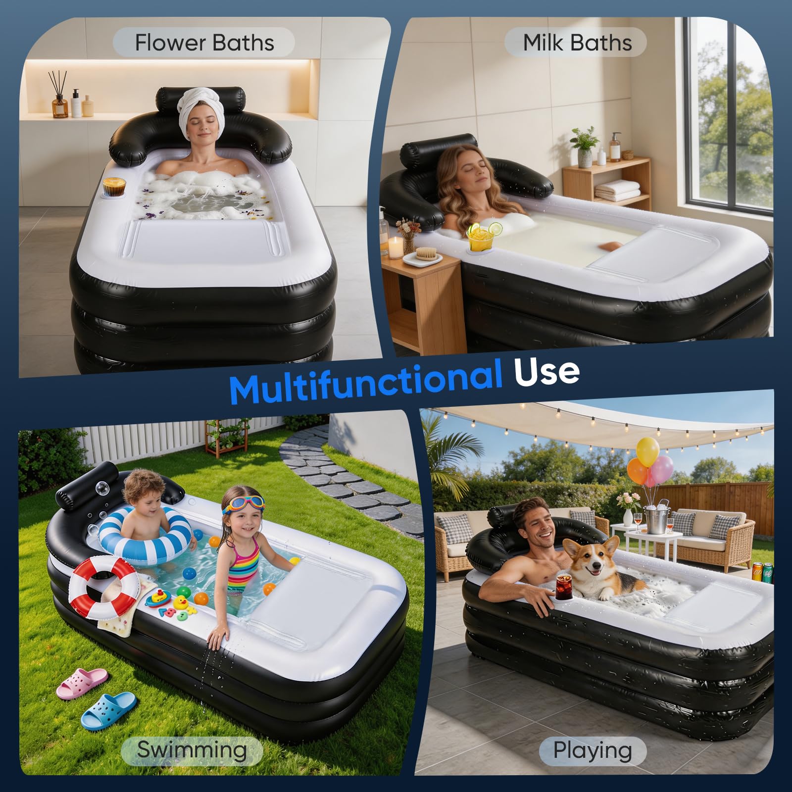 Bañera Adulto Portátil, 3 Min Inflación Rápida con Bomba Eléctrica, Bañera Hinchable Plegable con Tapa Aislante, Reposacabezas en U, Soporte para Vasos, Para Jardín Camping Baño, Negro-Blanco