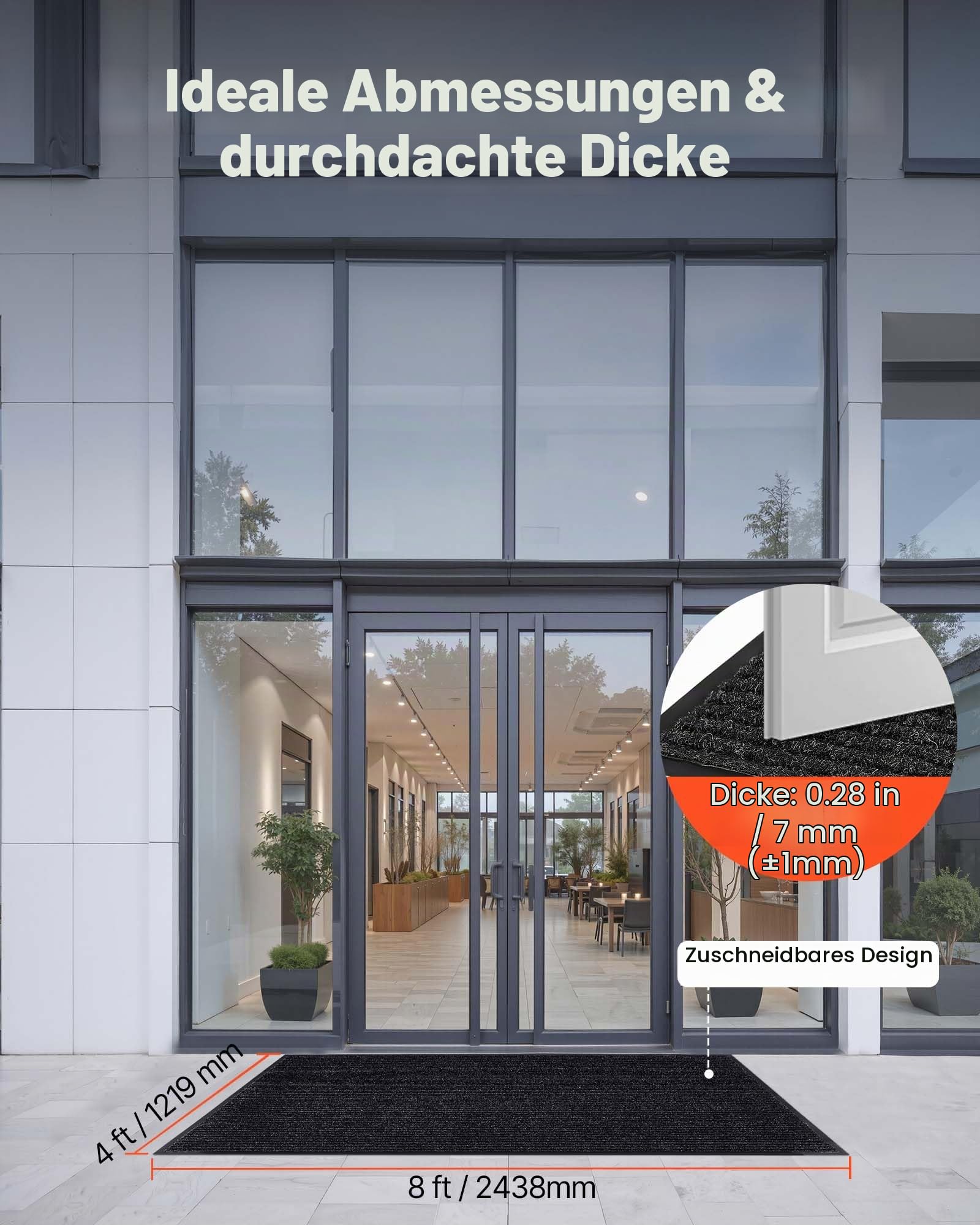 VEVOR Schmutzfangmatte, 2438x1219 mm, Fußmatte für Innen & Außen, Sauberlaufmatte mit PVC-Rückseite, Türmatte, waschbarer Eingangsteppich für Flur, Balkon, Garage, gestreift, Grau
