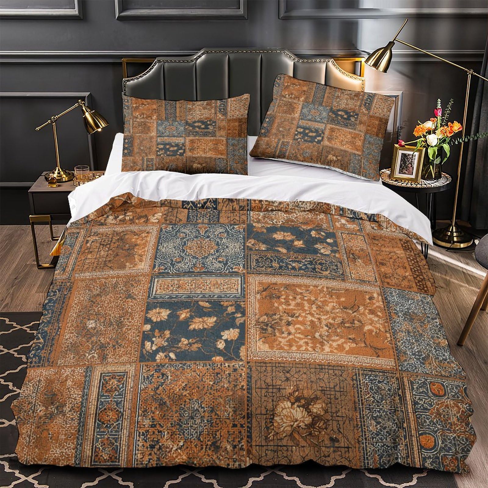 MMDASBVPE Vintage Rug Patterns Quilt Cover 3D Print Anti-allergic 3PCs Bed Linen Hidden Zipper Comforter Cover Luxury Breathable for Teens Adults Women Kids Youth Boys Girls Single（135x200cm）
