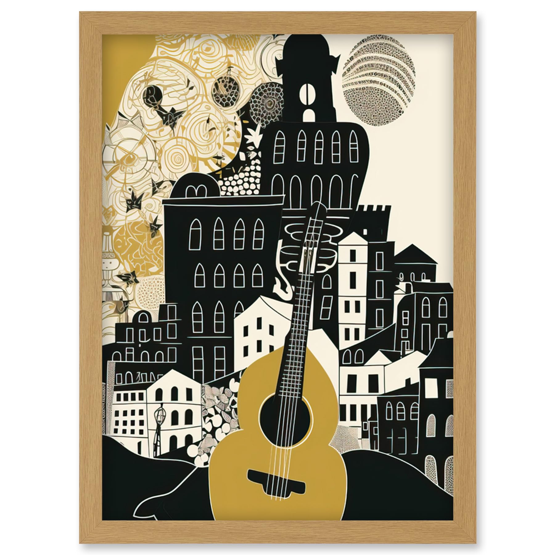 Artery8 Edinburgh Cityscape Fringe Festival Guitar Linocut Artwork Framed Wall Art Print A4