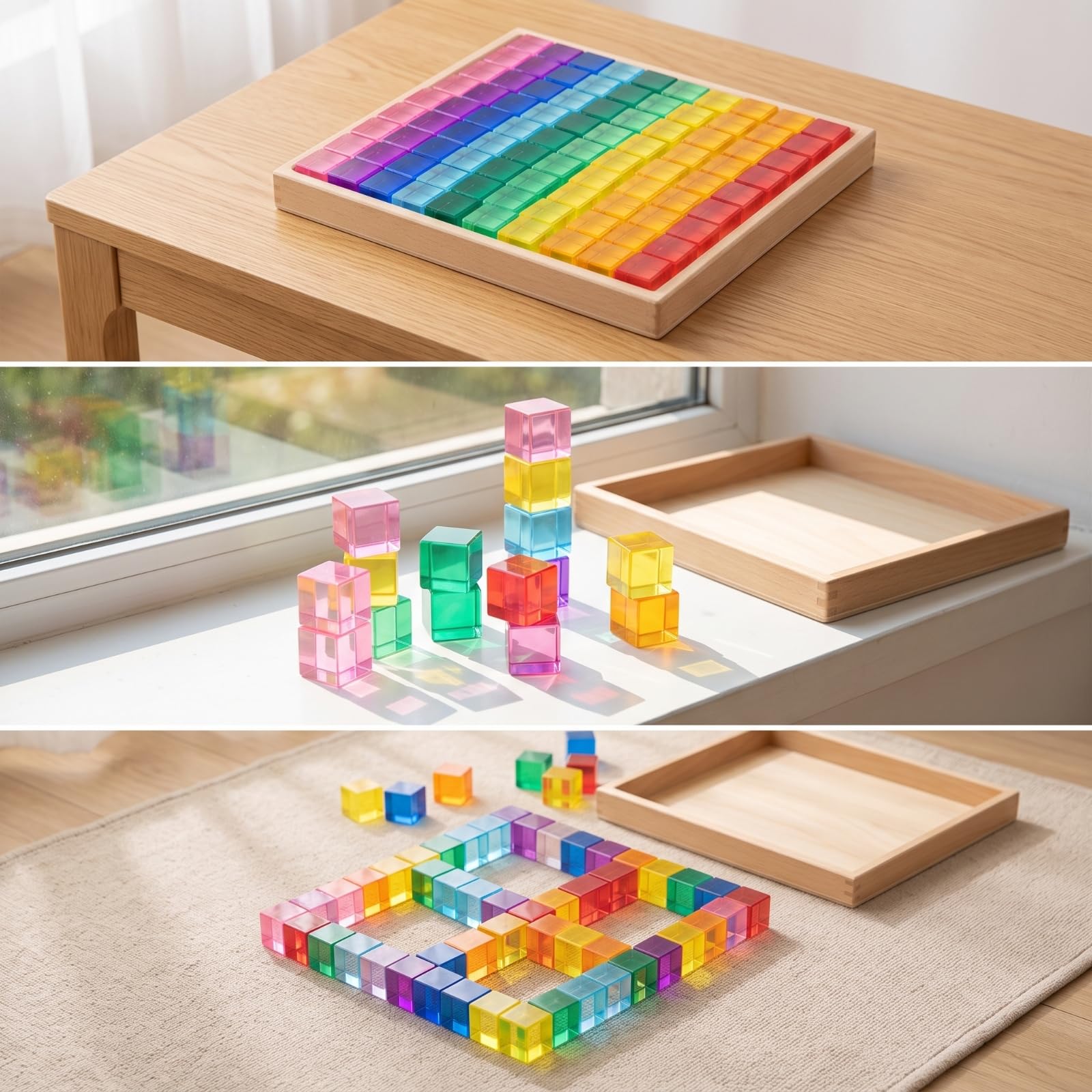 Almencla Bloques Acrílico con Banja Sensorial Juego Bloques Construcción Acrílicos Sensoriales Cubos Construcción para Educadores, Aula, Style to 1