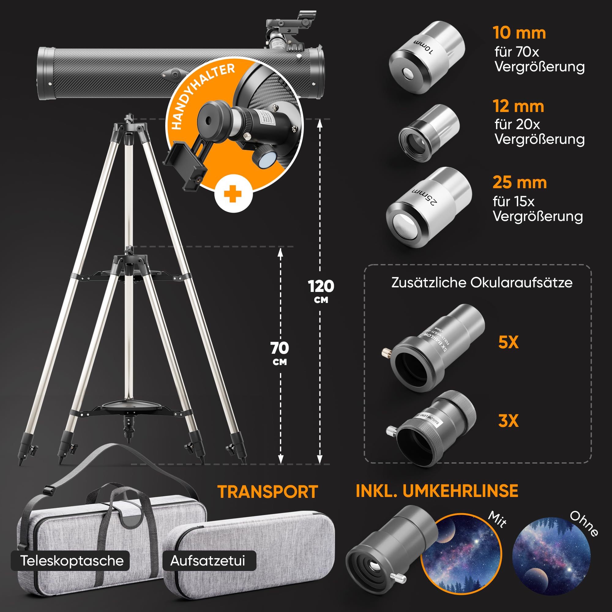 Teleskop 76700, Verbessertes Modell 2024, Vergrößerung 20-350x für Anfänger - Profi, tragbar und leistungsstark - einfach zu montieren, Mond, Planeten & Sterngucken (matt schwarz)