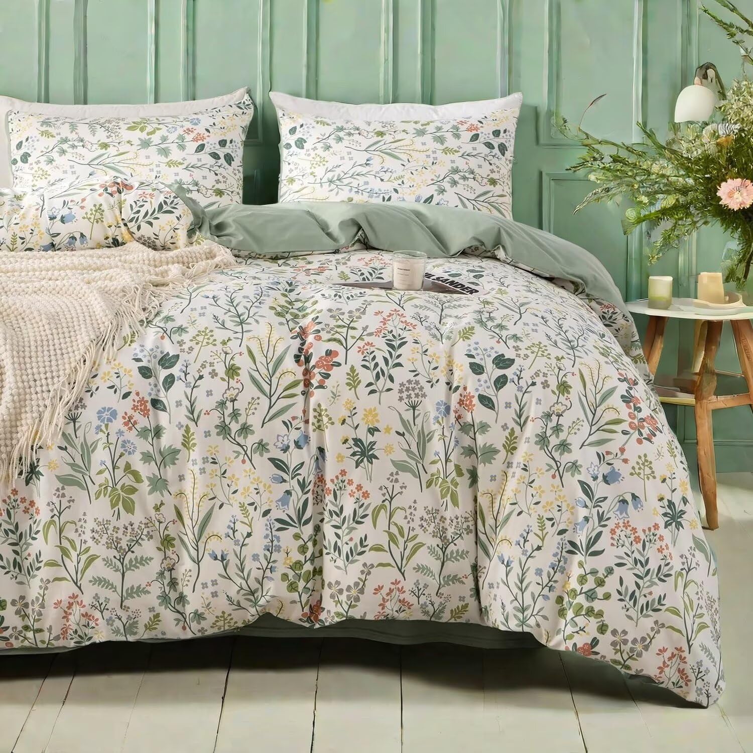MKXI Wildflower Duvet Cover Set Sage Green Spring Floral Bedding Set Rustic Cabin Duvet Cover Full Size Green and White Botanical Duver Cover Fresh Bedding Collection 100% Cotton