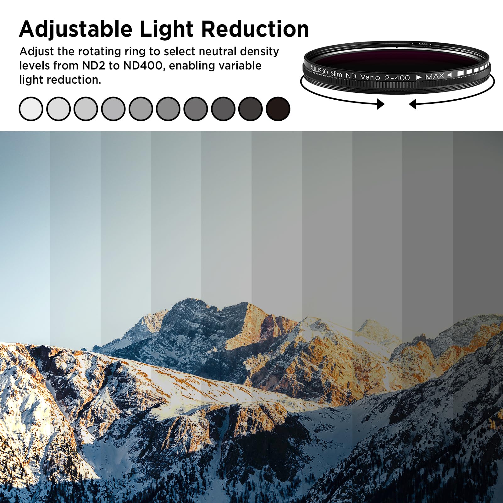 ALILUSSO 52mm Variable ND2-ND400 Filter with Upgraded Phone Clip, Neutral Density Filter Lens for iPhone 16/15/14/13 Pro Max Samsung Moto Google TCL, HD Double-Sided Multi-Coated Glass