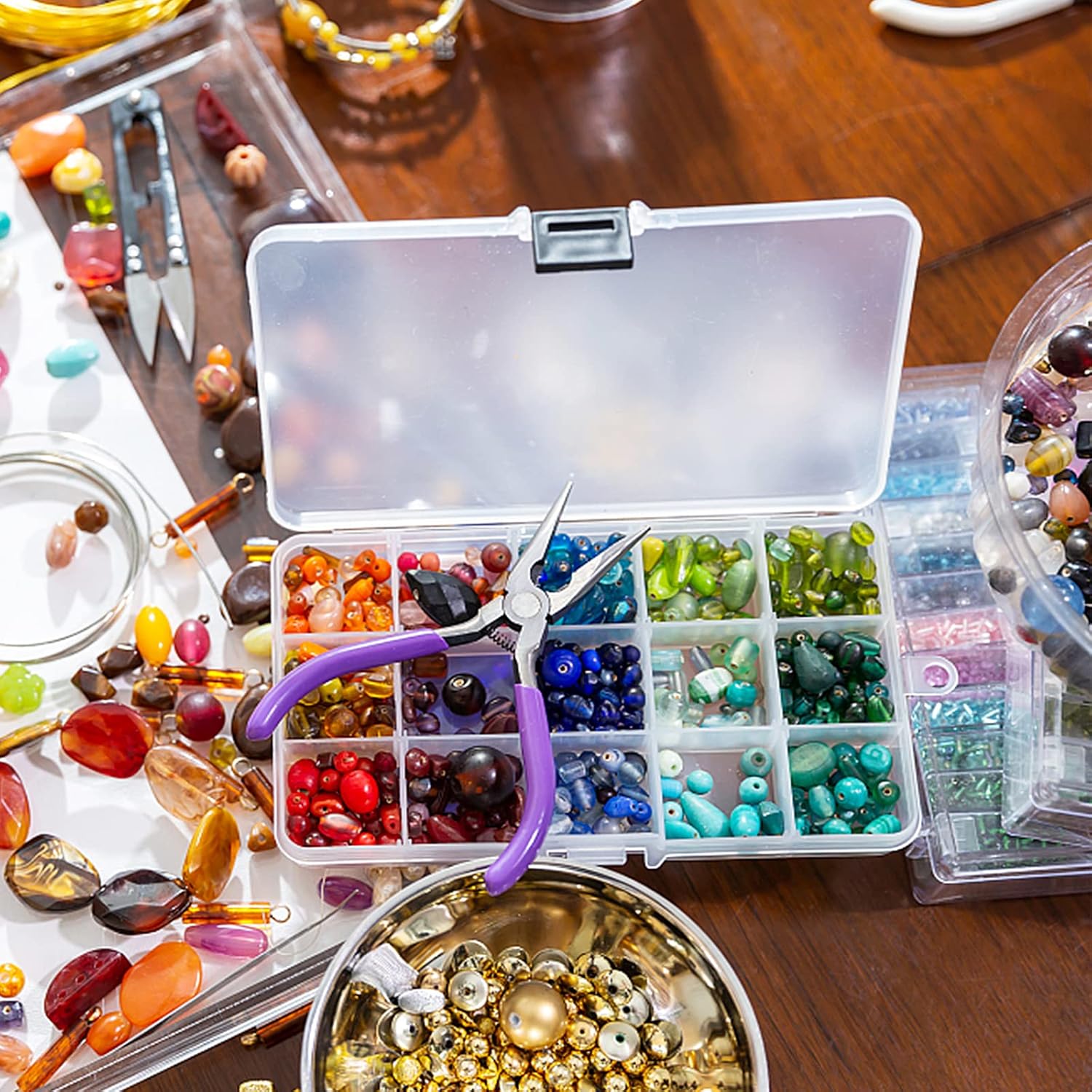32 Pack 15 Grids Plastic Jewelry Organizer Box, Colored Plastic Bead Storage Organizer Box with Adjusatble Dividers for Beads Earrings Rings Jewelry, 4 Colors