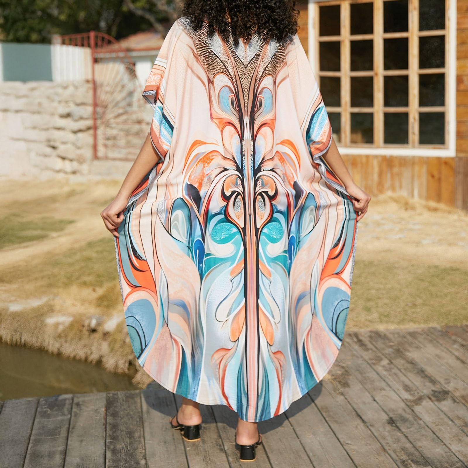 Generico Caftano Donna Copricostume Estivo Lungo Kaftano Elegante Ideale Kimono Casual BohéMien Loungewear per Vacanze Spiaggia