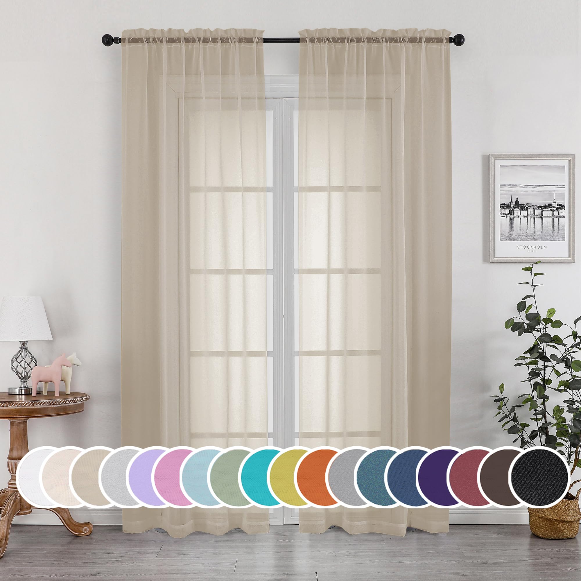 OWENIE Taupe Sheer Curtains 84 inches Long for Bedroom Living Room 2 Panels Set, Rod Pocket Solid Taupe Curtain, Soft Touch Elegant Voile Curtains &amp; Drapes for Nursery, 42"x84", 2 Pcs