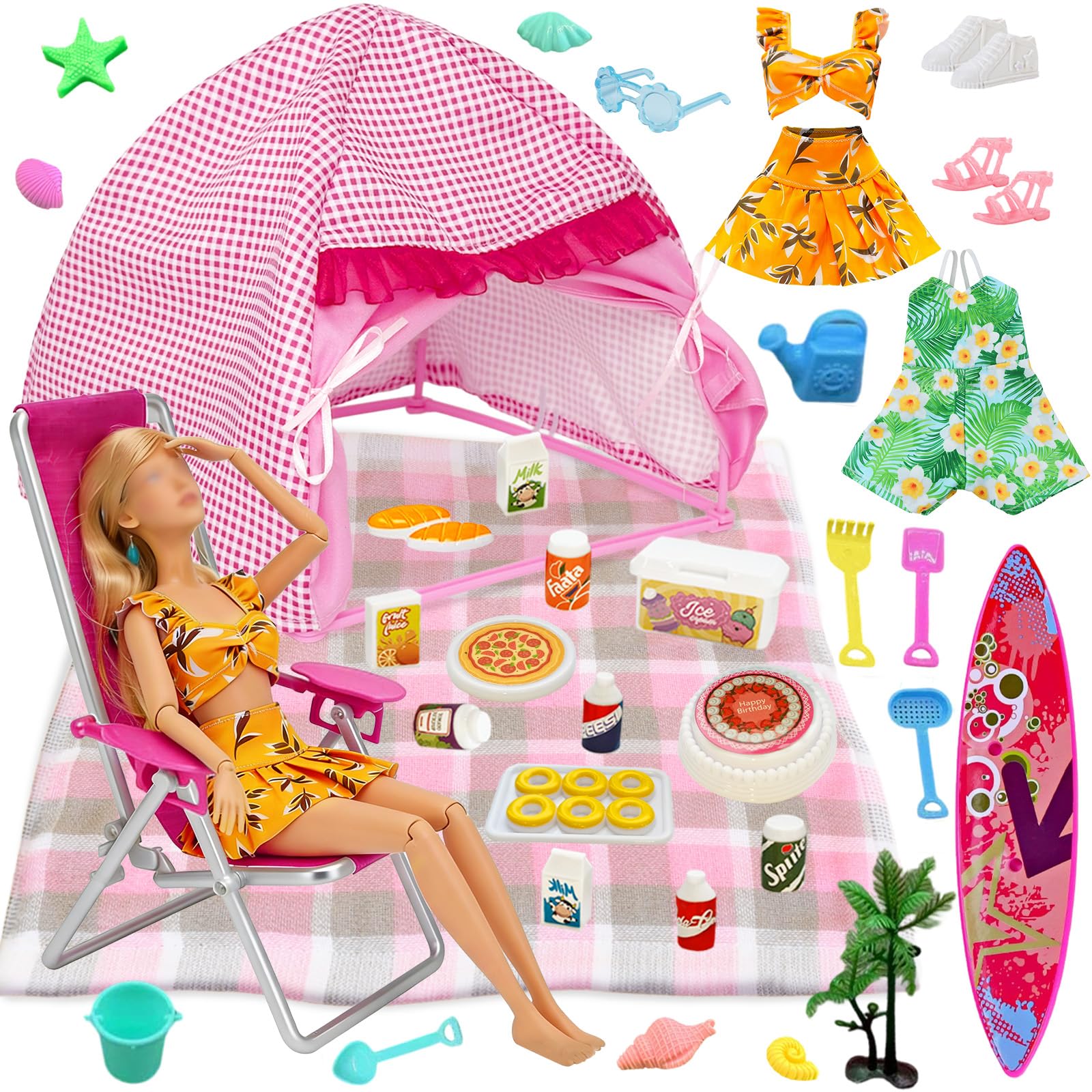 35 Pcs Travel Camping Playset for 11.5 Inch Girl Dolls, with 1 Tent 1 Picnic Mat 1 Chair 1 Surfboard, 12 Beach Toys 13 Camping Food Accessories 2 Summer Outfits, Adventure Toy for Outdoor Pretend