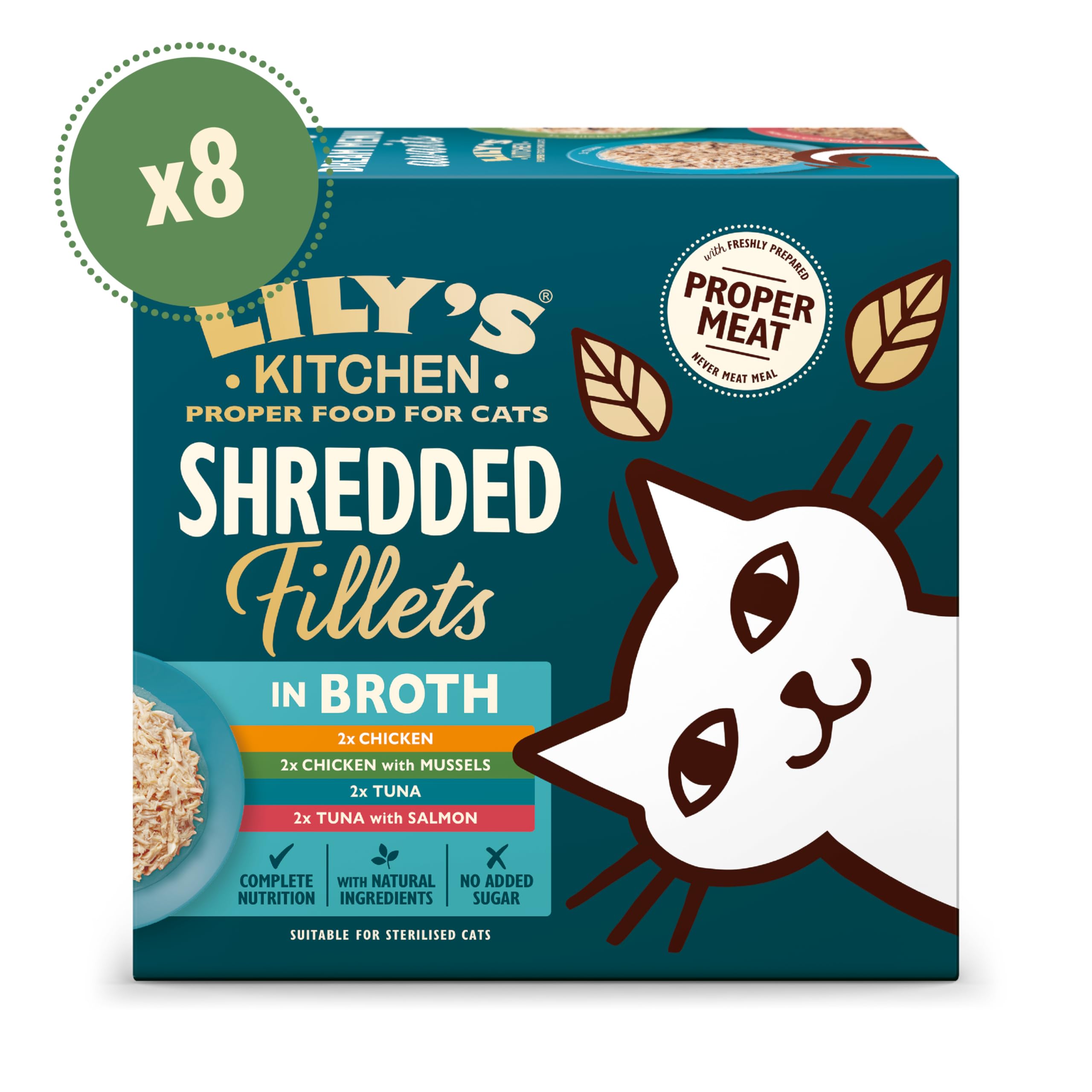 Lily's Kitchen Pack Variado Filetes Desmenuzados en Caldo para Gatos – Comida Húmeda Natural, Sin Cereales (6 x 8 x 70 g)