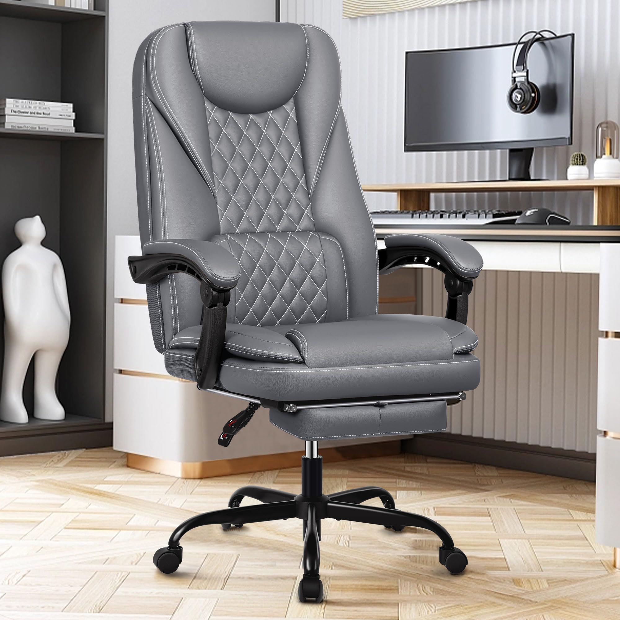 Executive Office Chair, Leather Reclining Big and Tall Office Chair with Foot Rest High Back