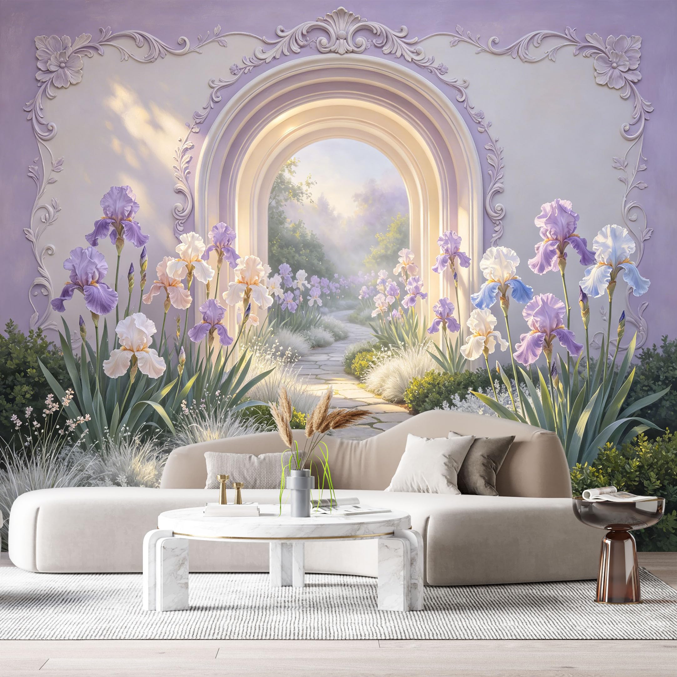 Custom Size Wall Mural Purple Iris Flower Archway Garden Landscape 3D Trompe L'Oeil SelfAdhesiveWall Fabric Removable Wallpaper Wall Decor for Living Room Bedroom Bathroom