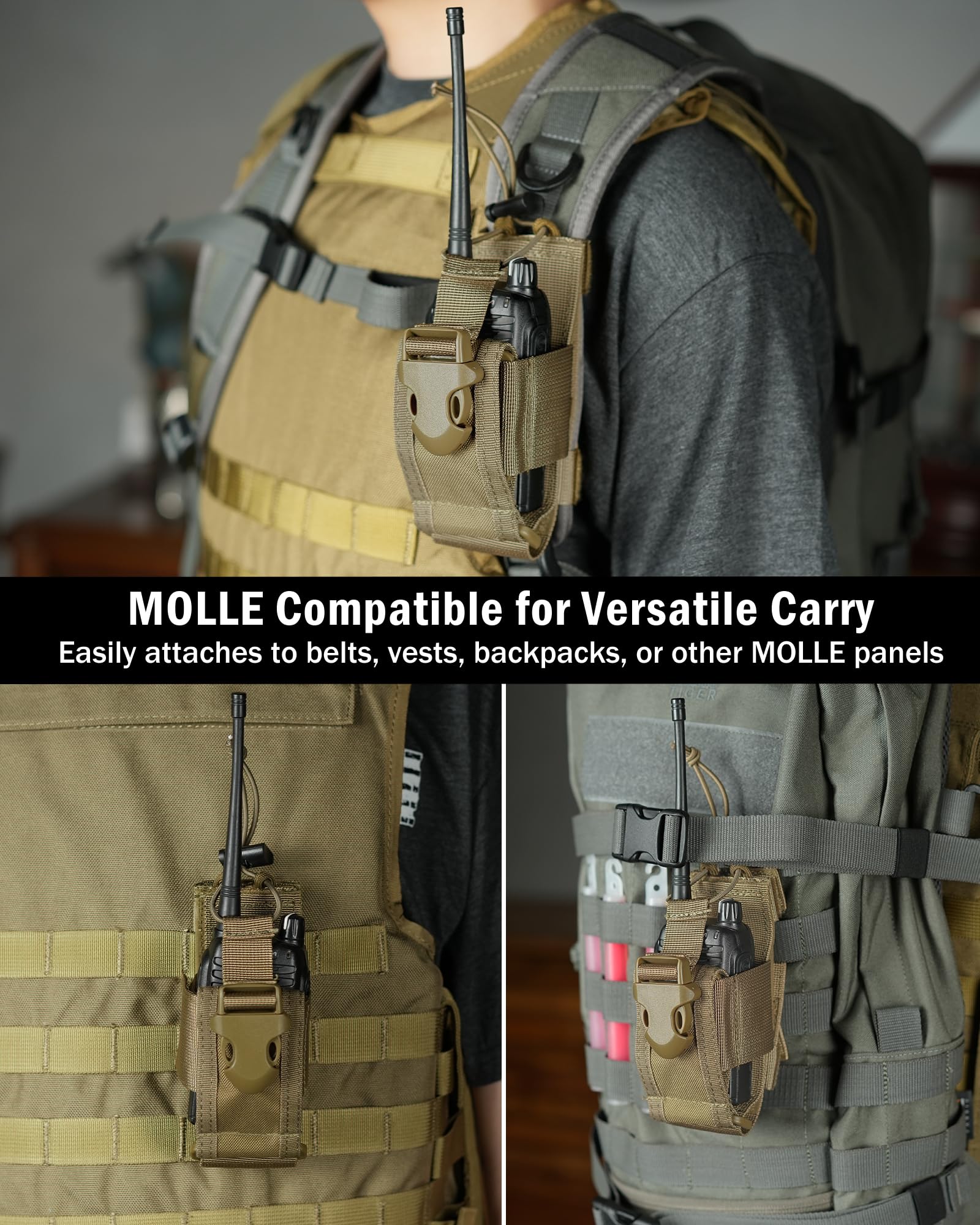 VIPERADE Bolsa para Walkie Talkie, Soporte para Radio MOLLE, Funda para Radio con Chaleco Ajustable, Funda para Radio con Soporte para Walkie Talkie, Bolsa para Radio Multifuncional -Caqui