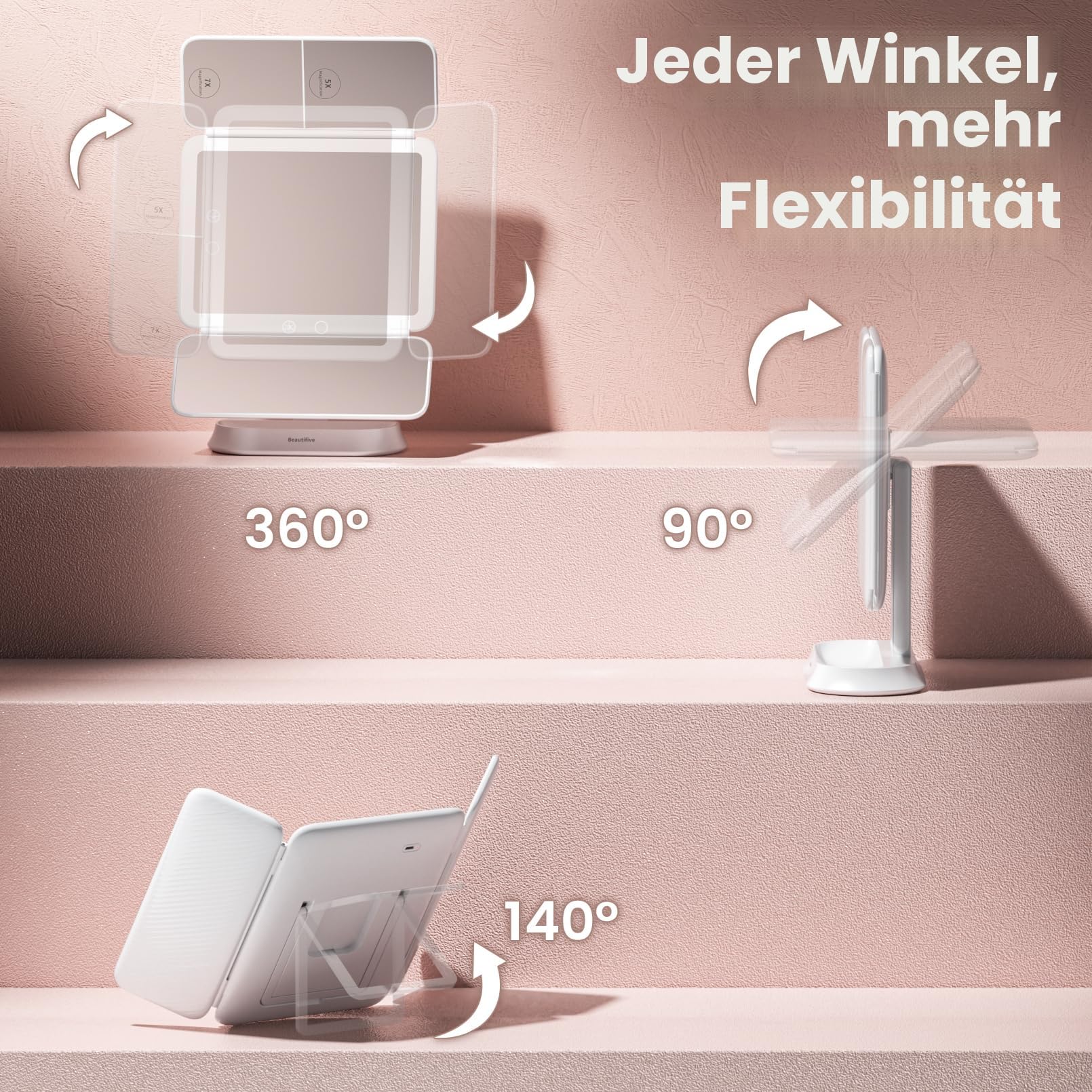 360° Drehbarer & Abnehmbarer Schminkspiegel mit Beleuchtung, 7X/5X/1X Reisespiegel mit Licht, Kosmetikspiegel mit Beleuchtung, 3 Lichtfarben vergrößerungsspiegel Klappspiegel für Schminktisch