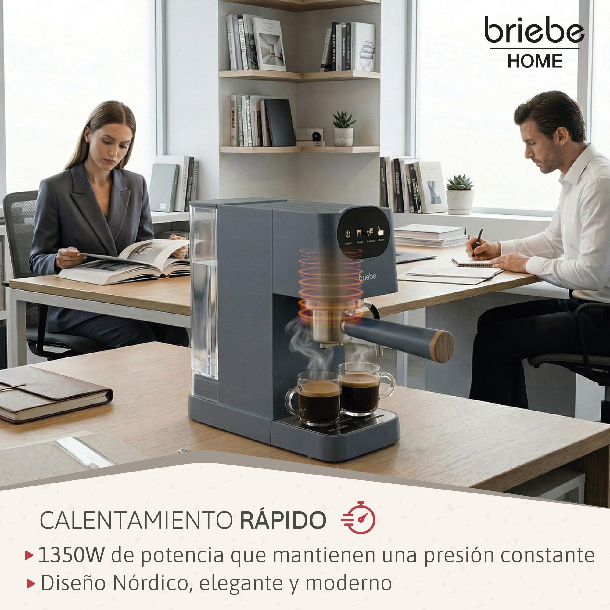 briebe Nordic Cafetera Espresso 20 Bares Compatible Cápsulas Nespresso y Café Molido, Máquina Café Semiautomática Profesional 1350W, Espumador Leche, Pantalla Táctil, 1,2L, Diseño Nórdico, Gris — view 12