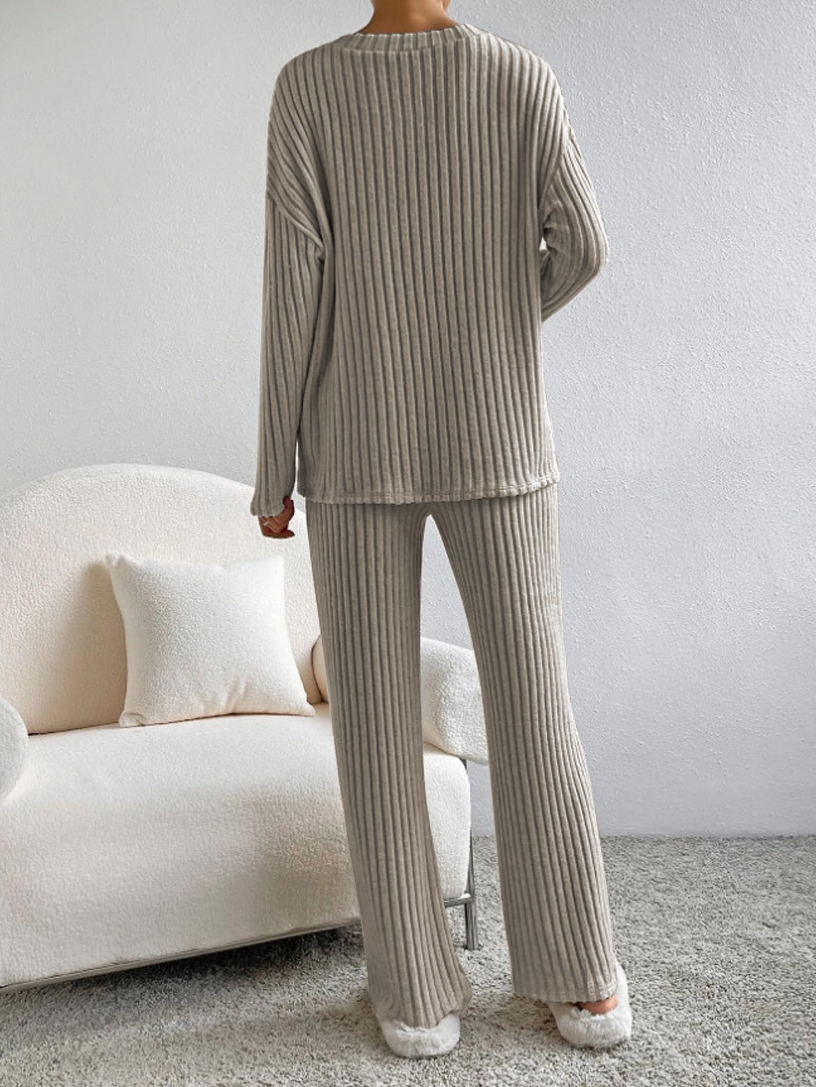 Famulily Pigiama da donna, set da notte da donna, a costine, 2 pezzi, abbigliamento per il tempo libero, abbigliamento da casa, scollo a V, maniche lunghe e pantaloni a gamba larga con tasche