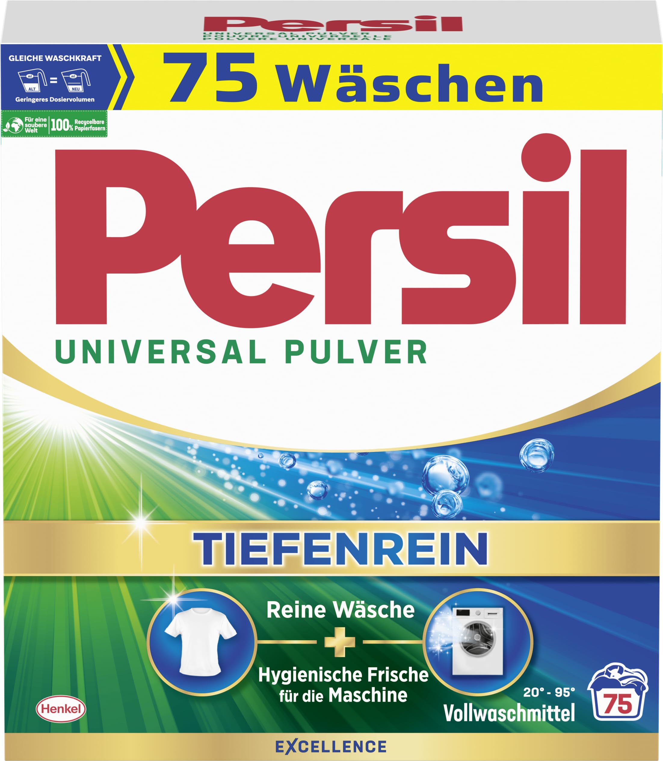 Persil Universal Pulver Tiefenrein Waschmittel (75 Waschladungen), Vollwaschmittel für reine Wäsche und hygienische Frische für die Maschine, effektiv von 20 °C bis 95 °C
