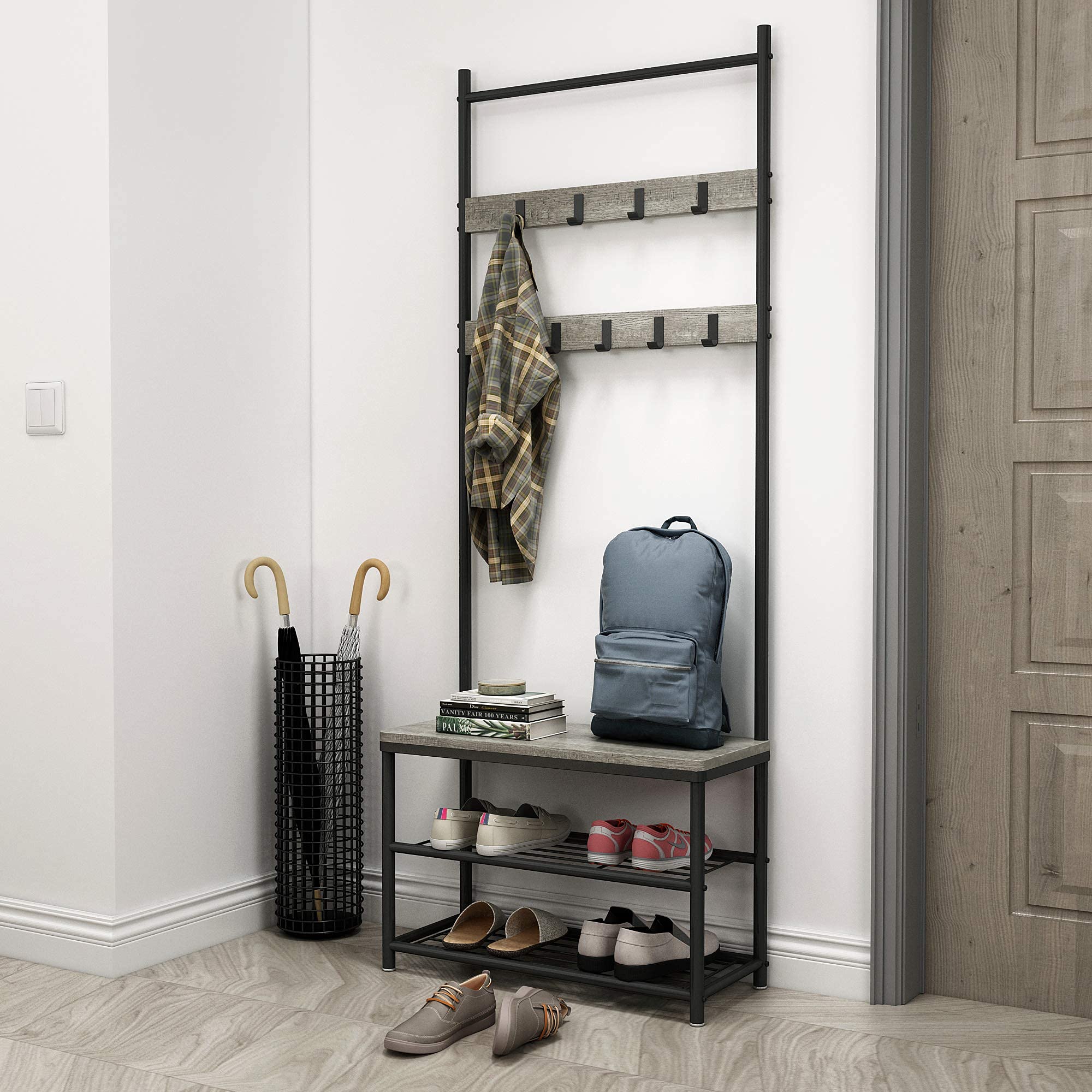 Mondeer Coat Rack Shoe Rack Coat Rack Clothes Rack Shoe Storage Bench with 9 Hooks Metal Hallway Tree Metal Frame for Bedroom Living Room Hallway (Grey