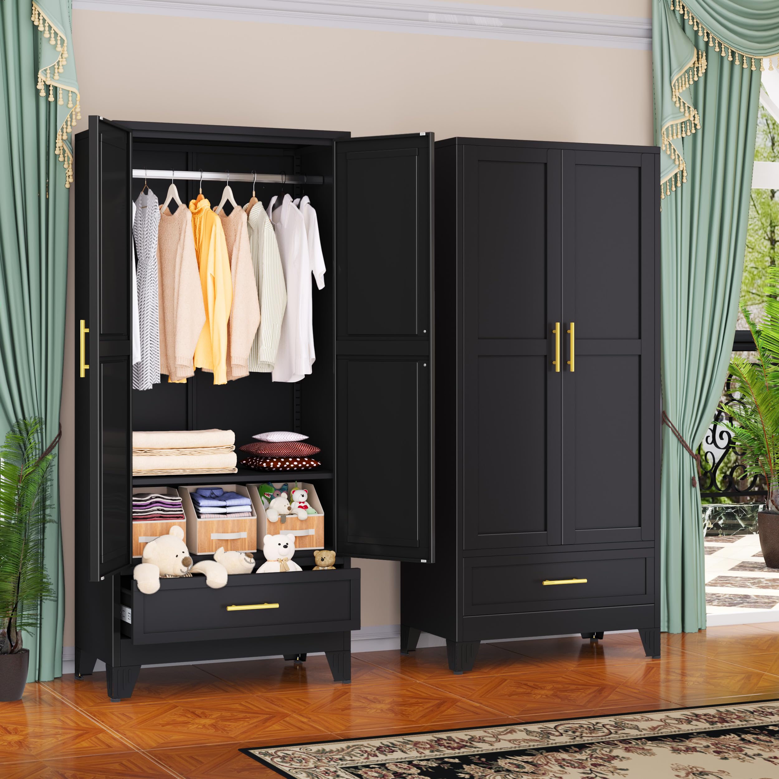 GAIOUS Steel Armoire Wardrobe Closet, 71" Household Wardrobe Cabinet with 2 Doors, 1 Adjustable Shelf and 1 Drawers, Metal Clothing Storage Cabinet